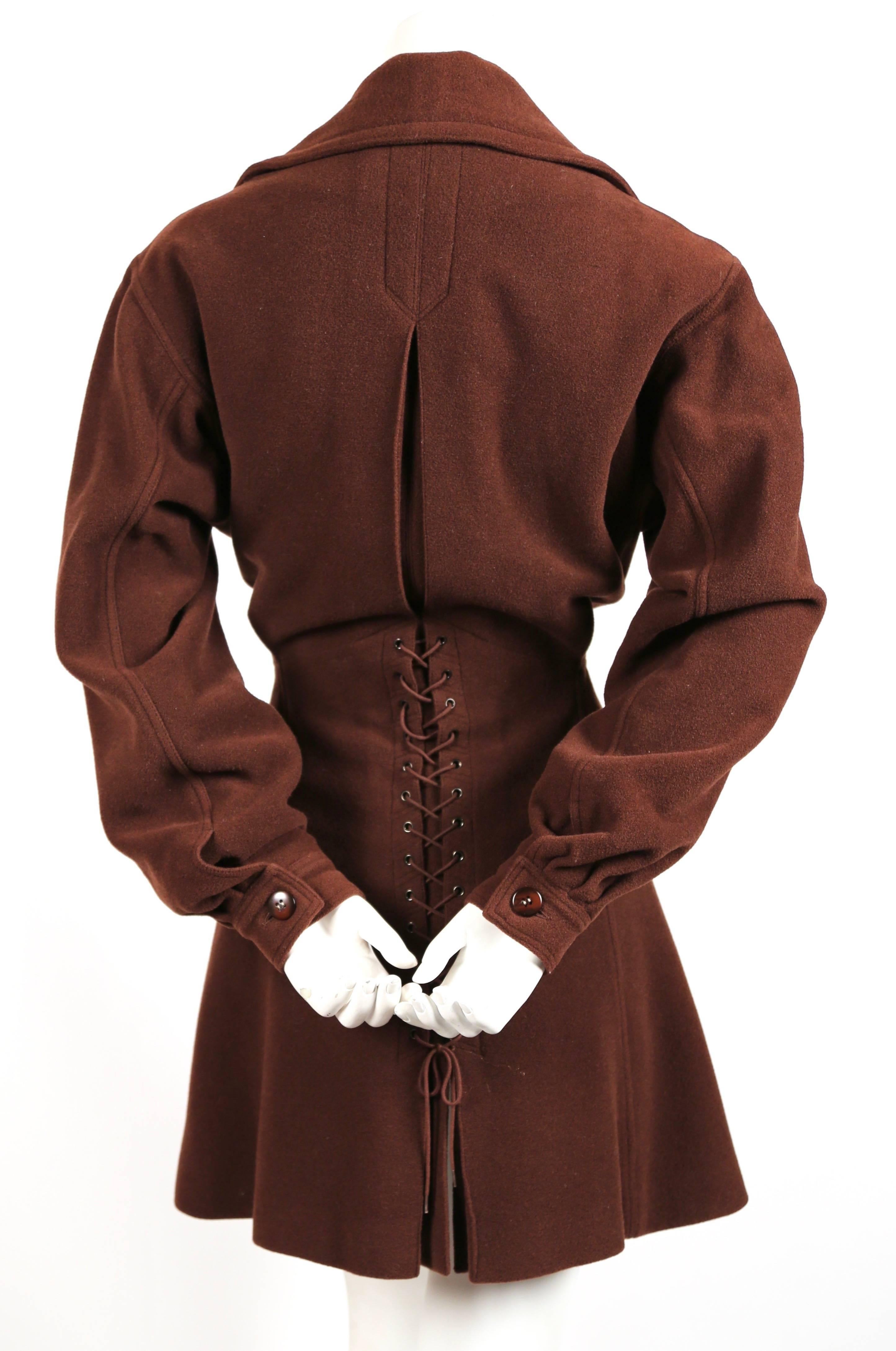1980's AZZEDINE ALAIA brown wool coat with lace up back In Good Condition In San Fransisco, CA