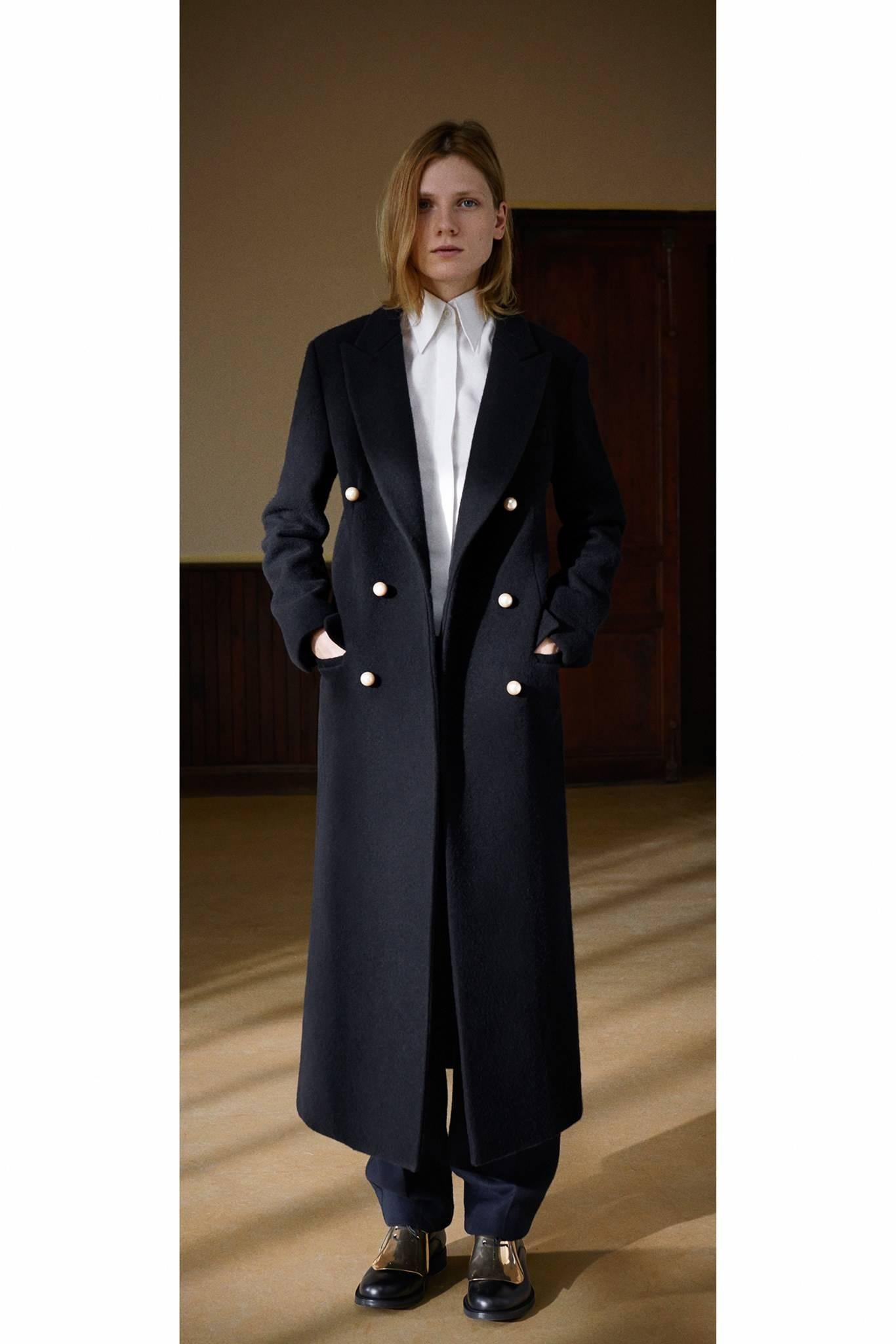 Black Celine by Phoebe Philo navy blue wool coat with pearl buttons