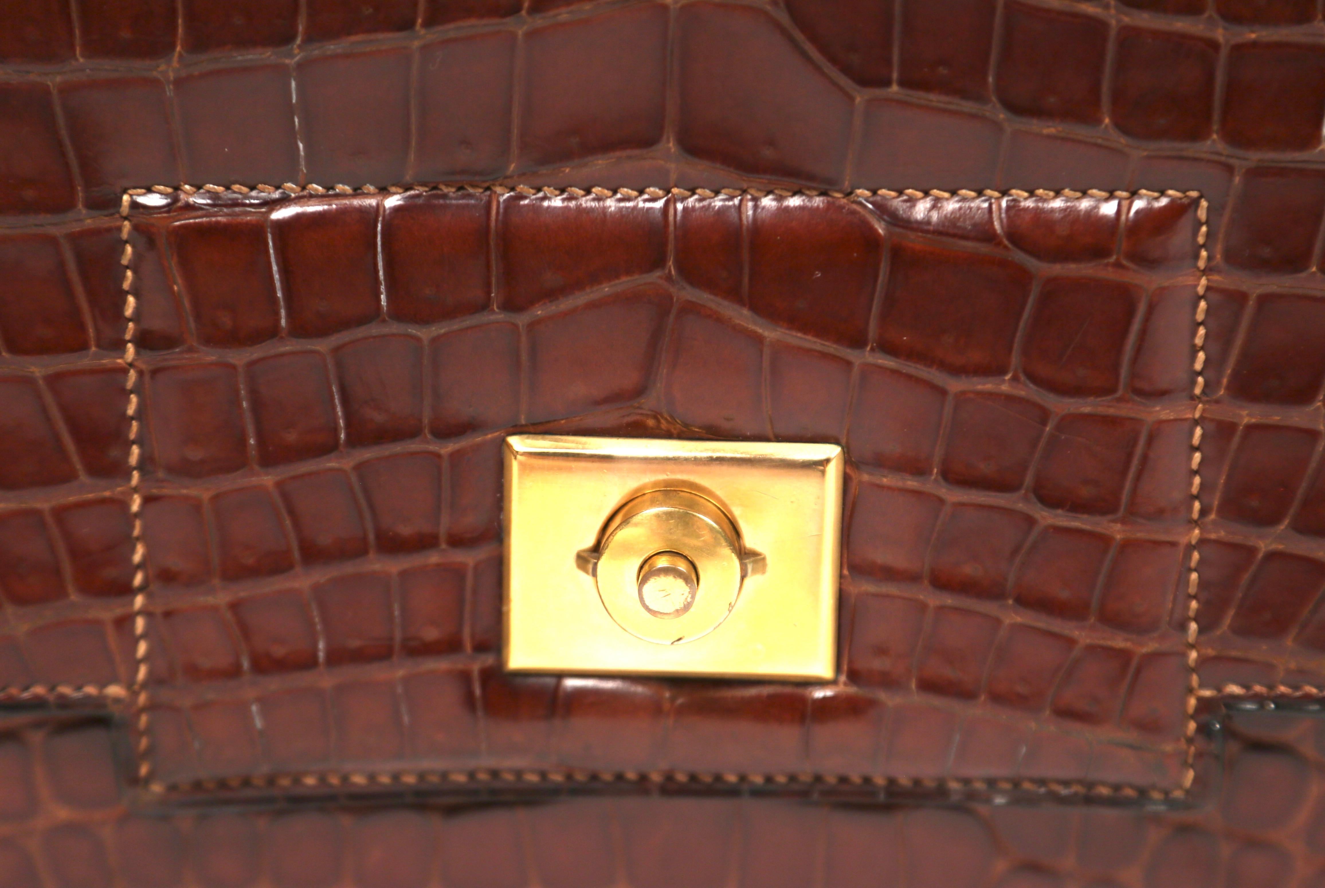 1940's HERMES crocodile top handle bag with geometric hardware 5