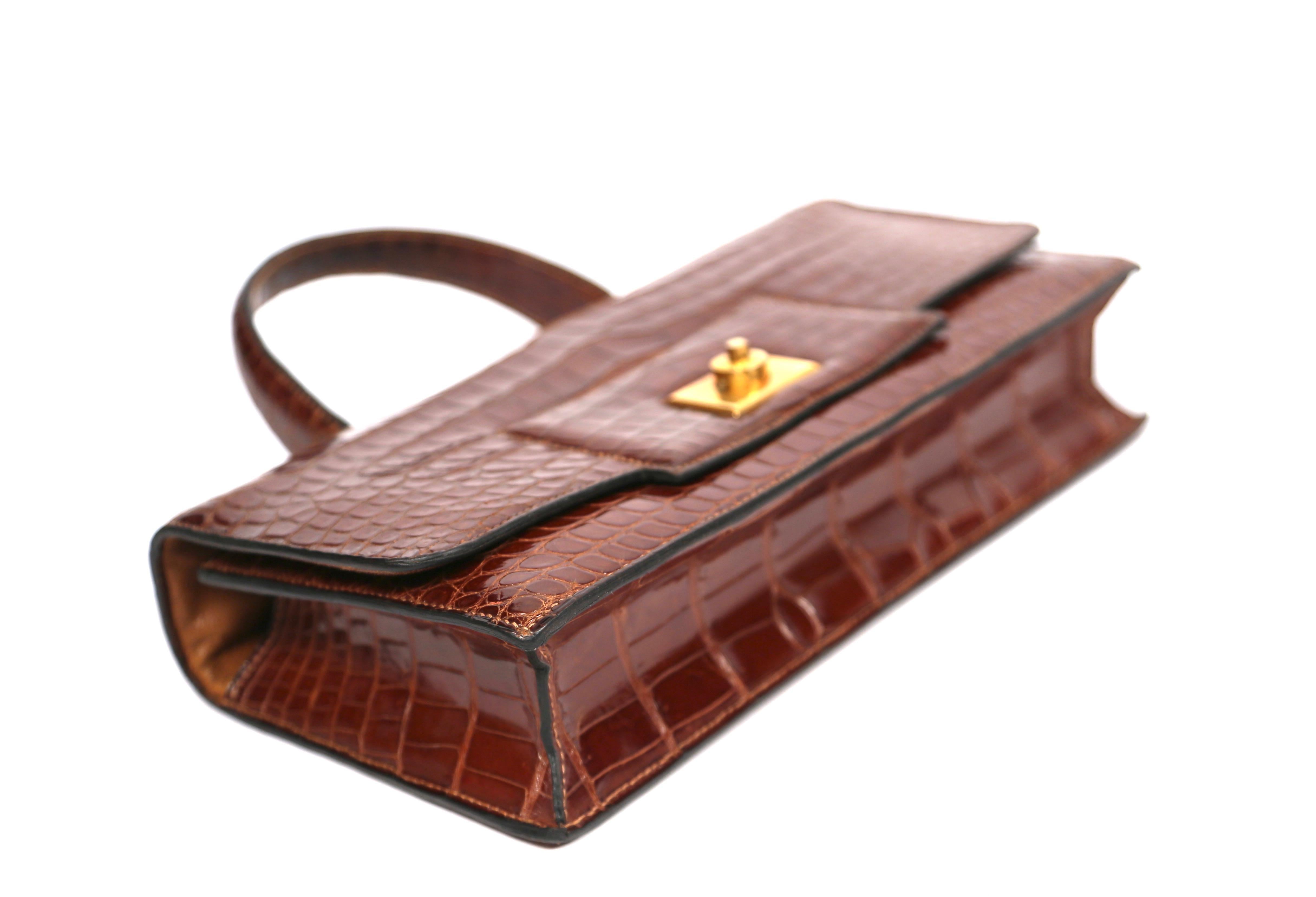 Women's or Men's 1940's HERMES crocodile top handle bag with geometric hardware