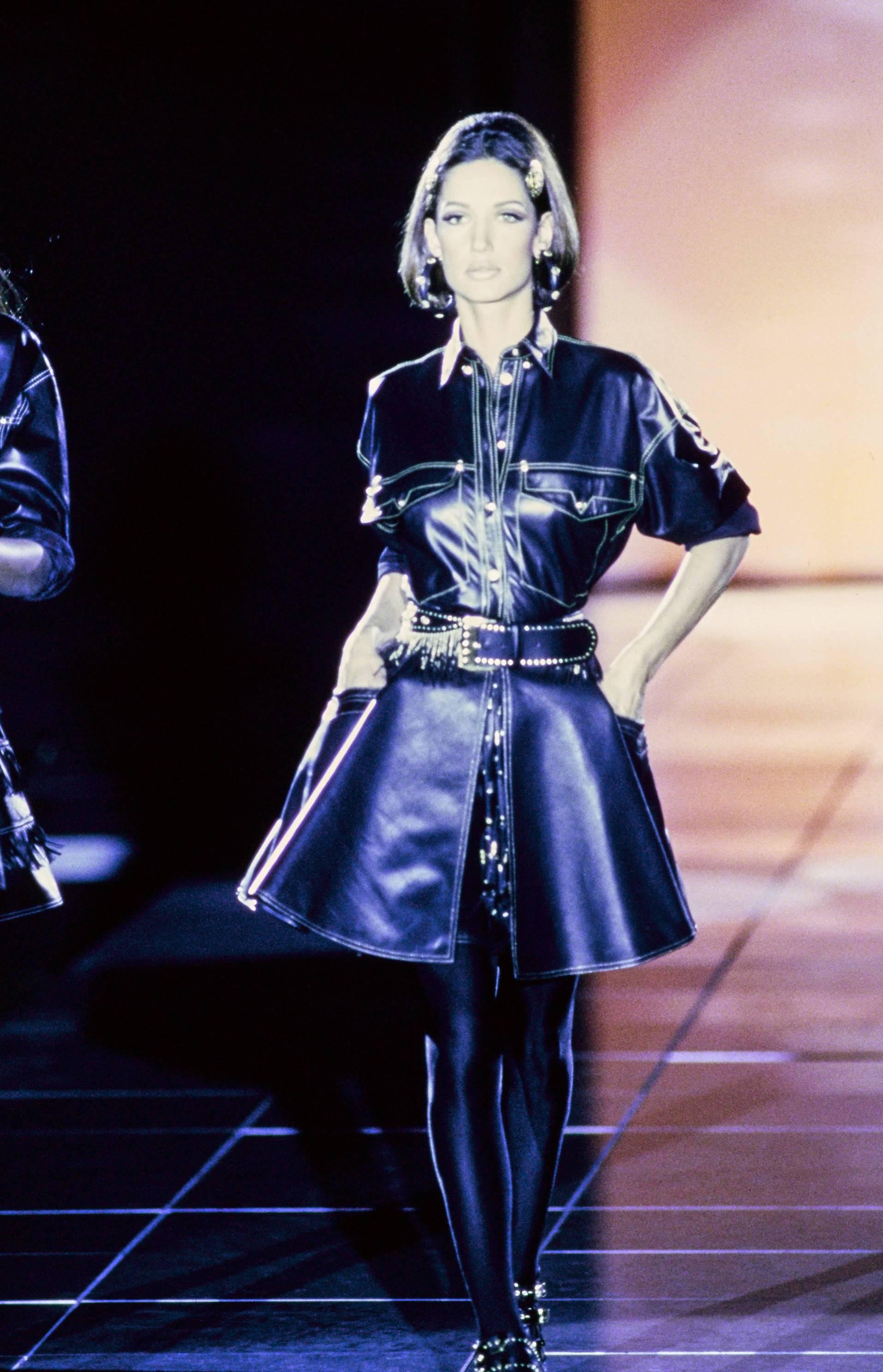 Iconic GIANNI VERSACE Bondage Harness silk blouse and leather skirt Fall 1992 2