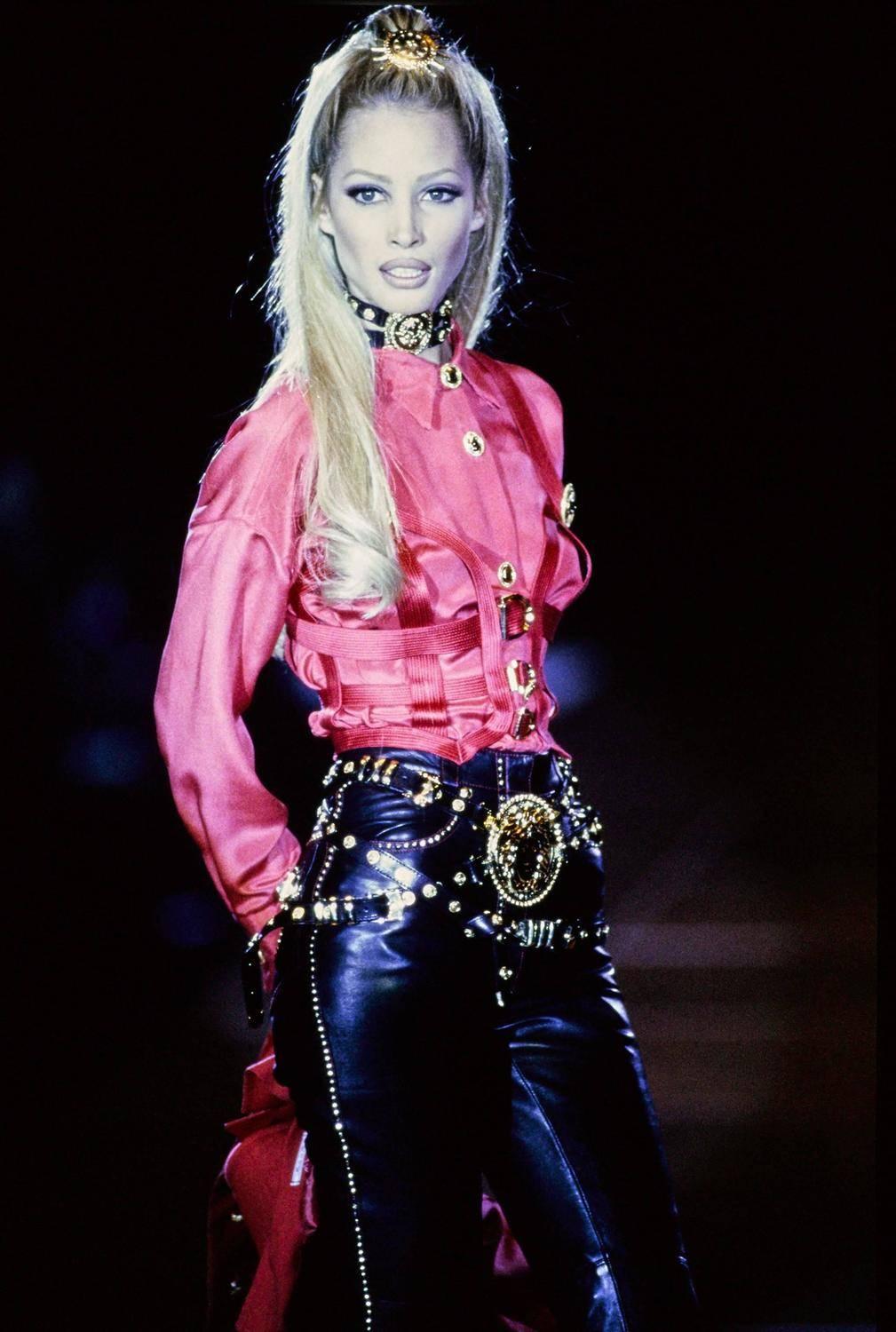 Iconic GIANNI VERSACE Bondage Harness silk blouse and leather skirt Fall 1992 1
