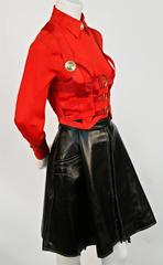 Iconic GIANNI VERSACE Bondage Harness silk blouse and leather skirt Fall 1992