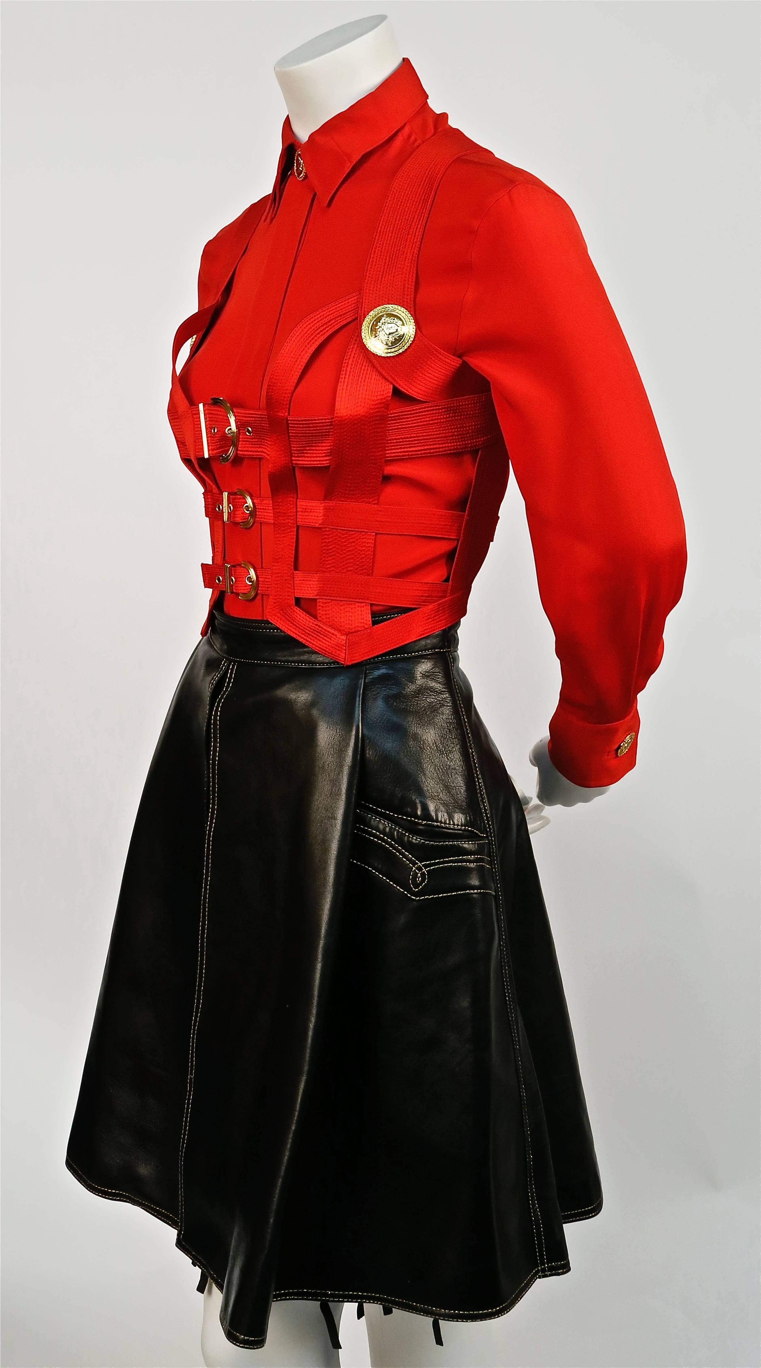 leather skirt silk blouse