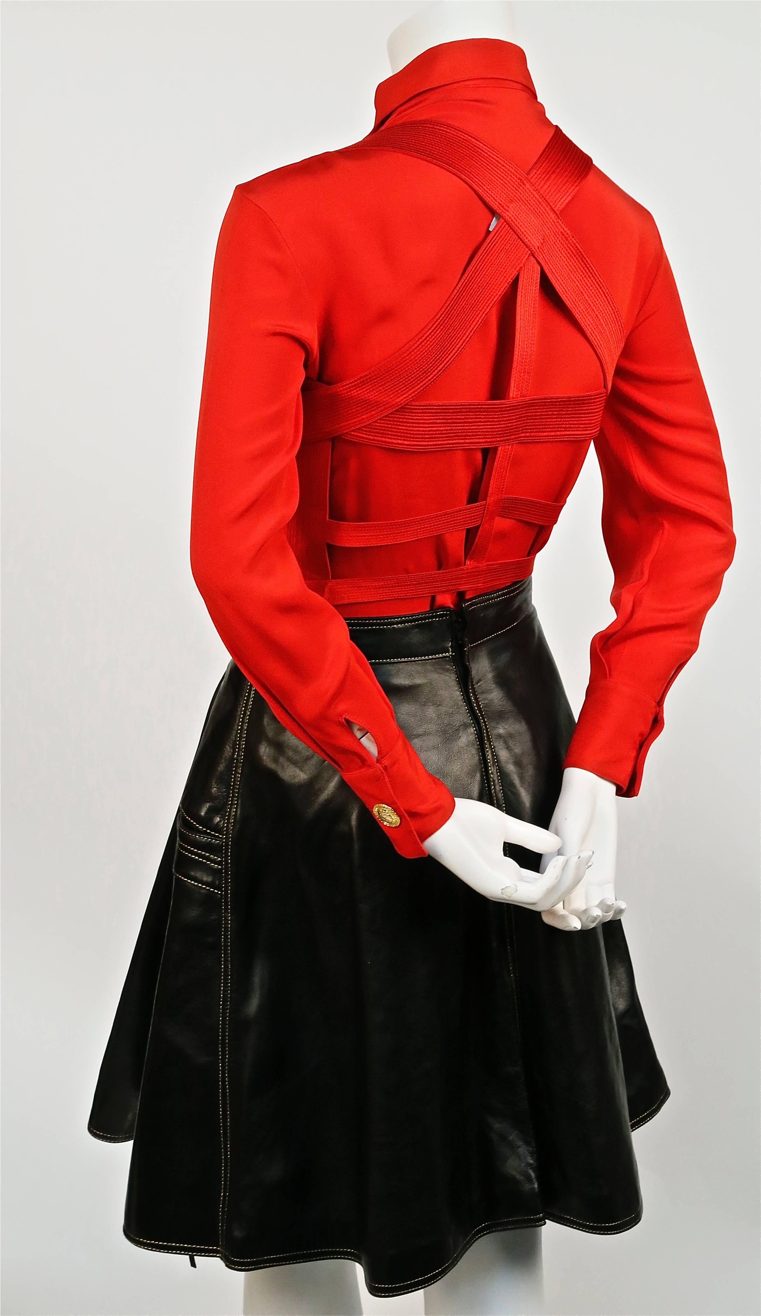 silk blouse leather skirt