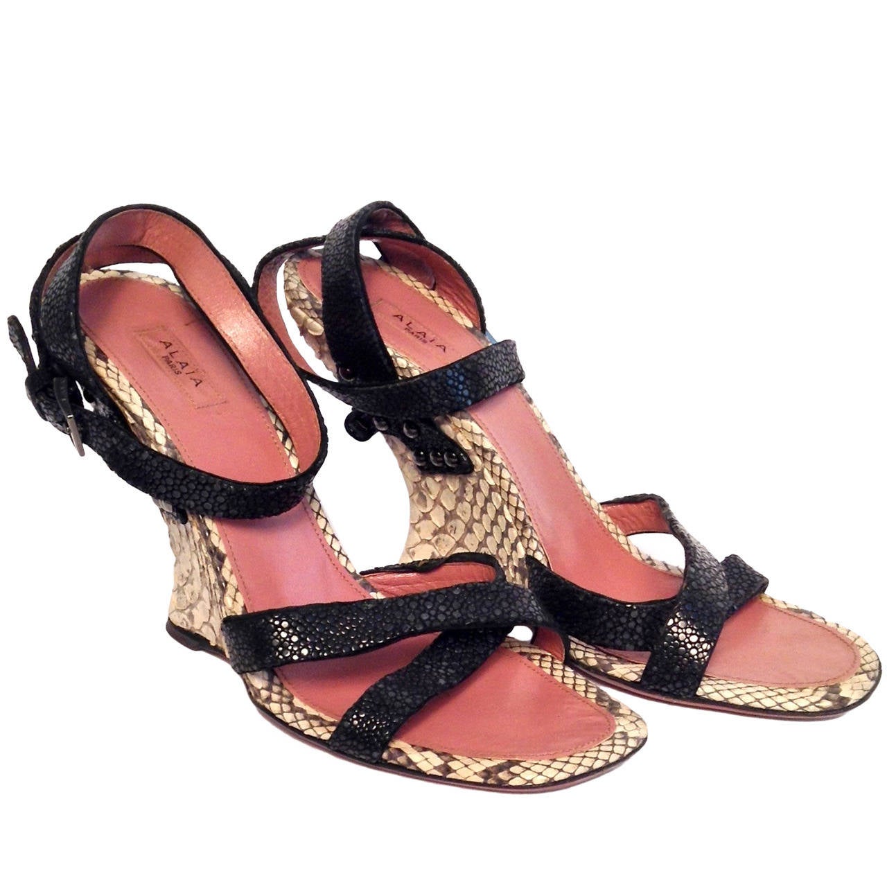 Azzedine Alaia Python and Black Wedge Sandal Size 39 For Sale