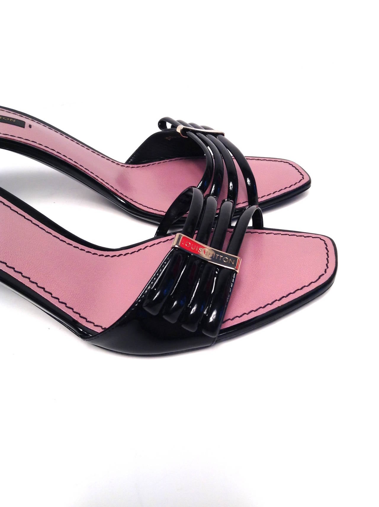 Louis Vuitton Black Patent Cherry Open Toe Mule Size 39/8 For Sale 4
