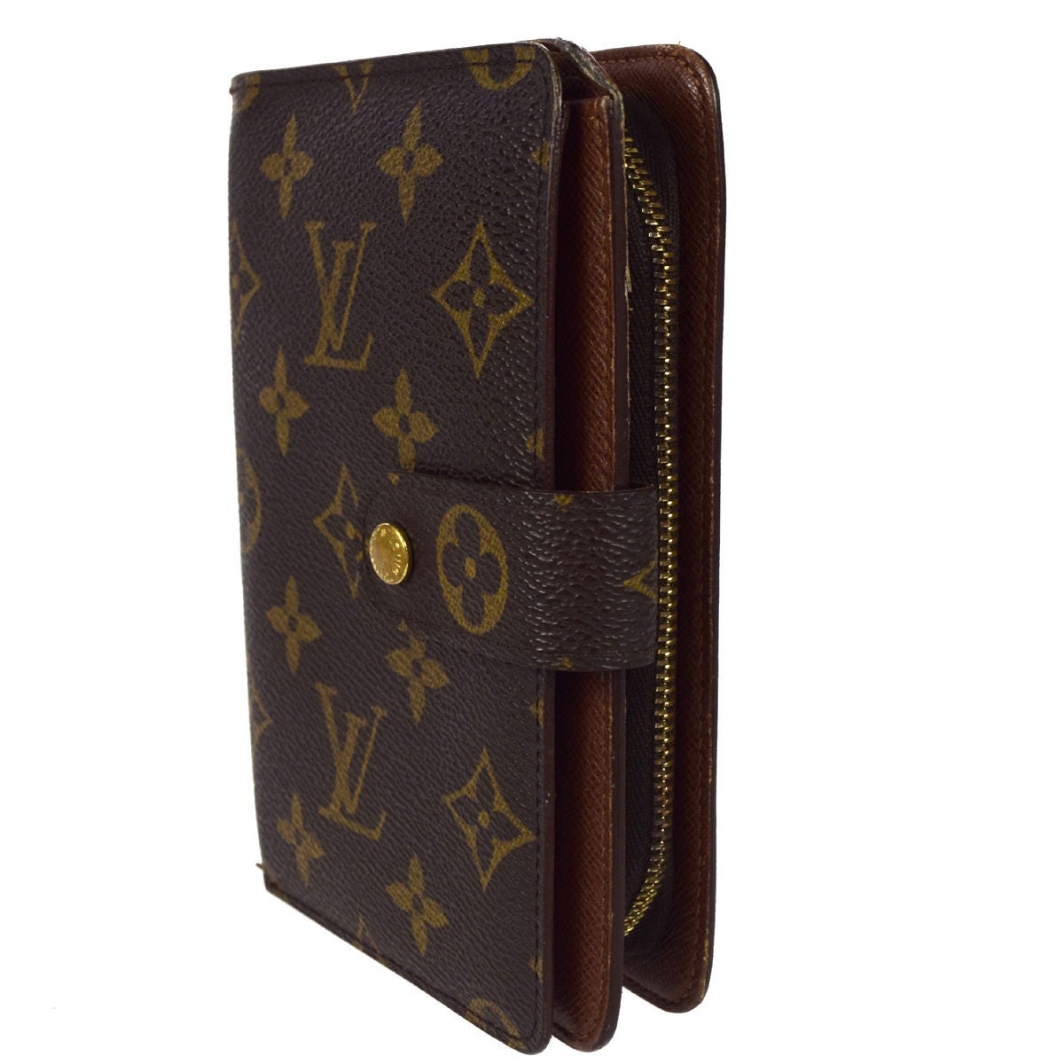 Coveted and discontinued LV porutopapie wallet with ID card sleeve.

Contains: 8 card holders, 1 bill slot, zip coin with two pockets. 

Snap closes, but feels a touch loose.

Measurements: 6