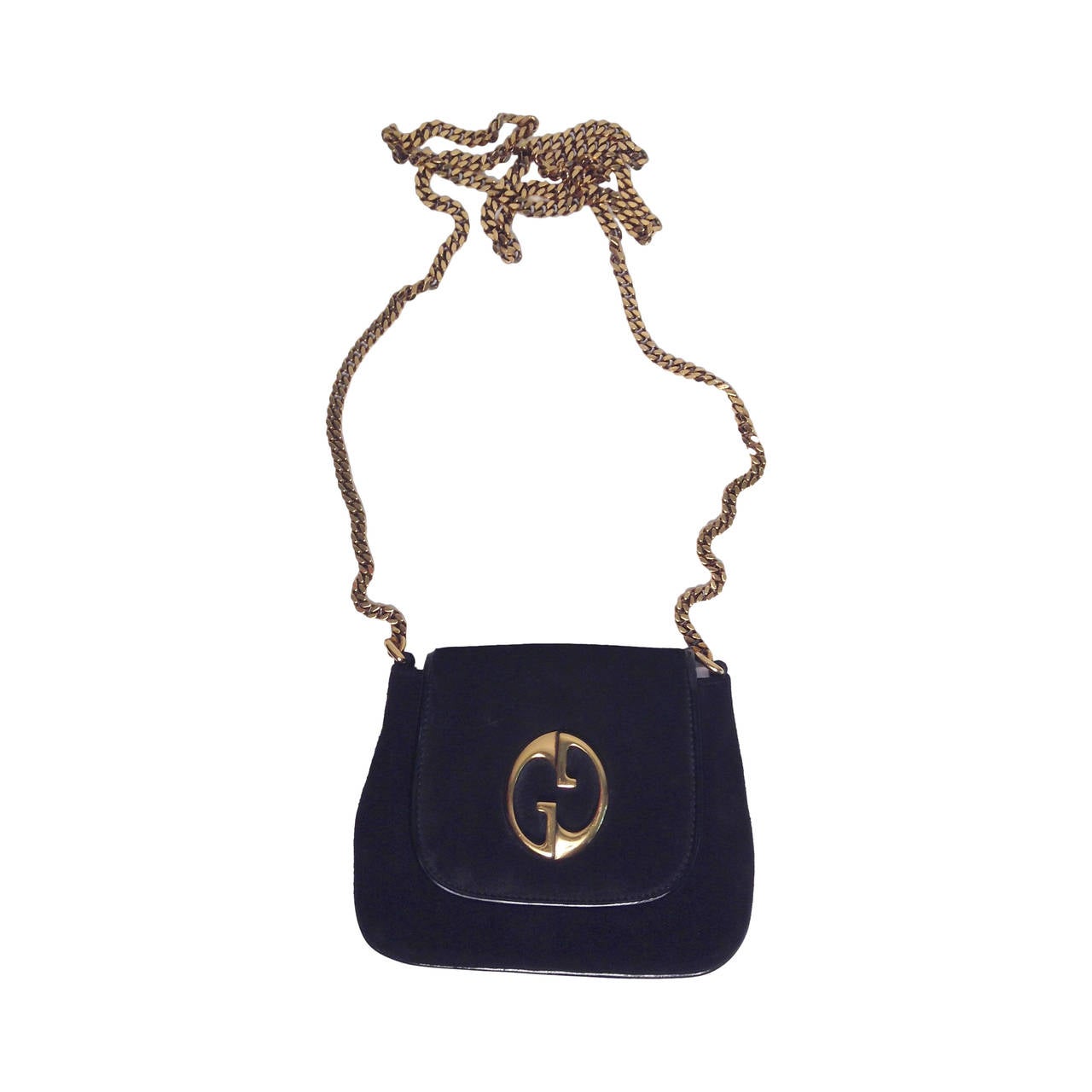 Gucci Black Suede Gold Chain Bag 1973 Reissue