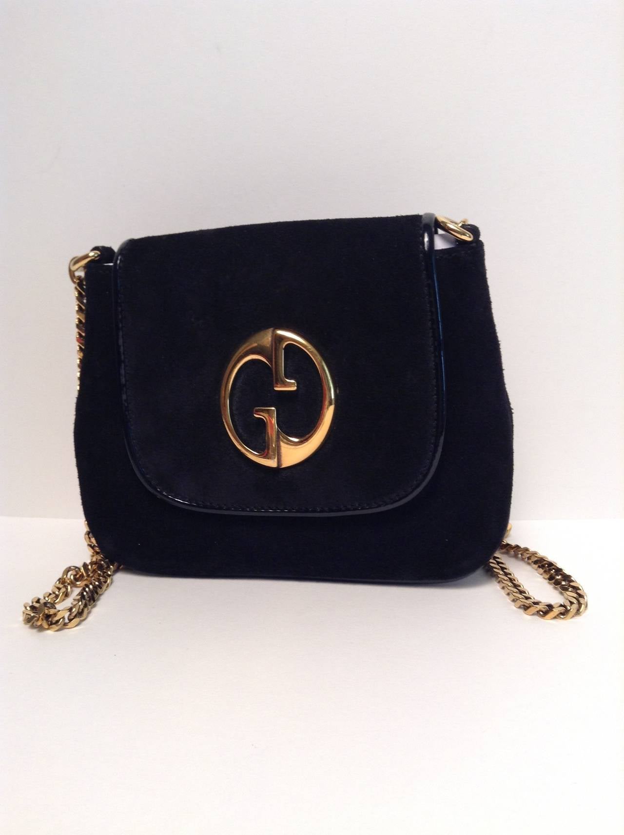 Gucci Black Suede Gold Chain Bag 1973 Reissue In Excellent Condition In Toronto, Ontario