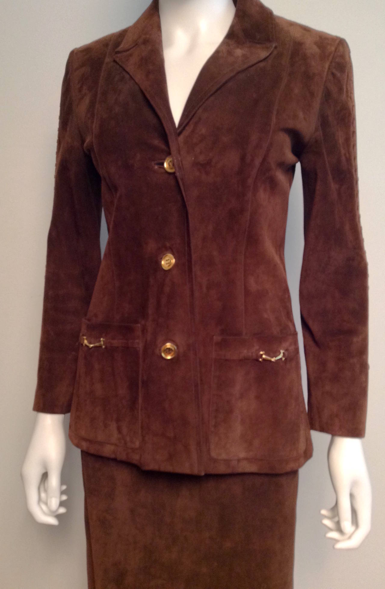 Vintage Gucci Brown Suede Skirt Suit Size 42/4 1