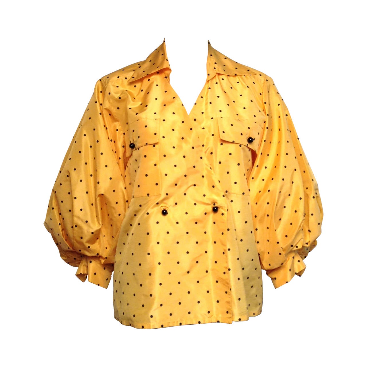 Christian Dior Vintage Yellow and Black Polka Dot Blouse Size 36 For Sale