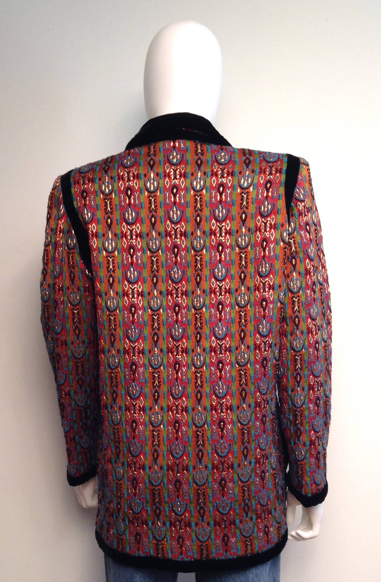 Multi color and lurex threads make up this technicolour dream coat. Trimmed in black velvet.

Measurements:
bust 40