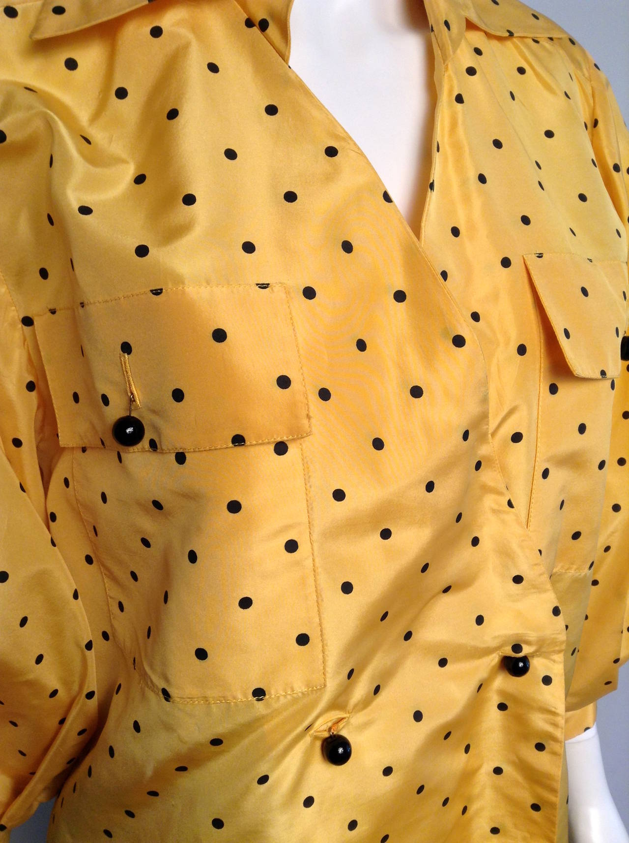 Christian Dior Vintage Yellow and Black Polka Dot Blouse Size 36 For Sale 2