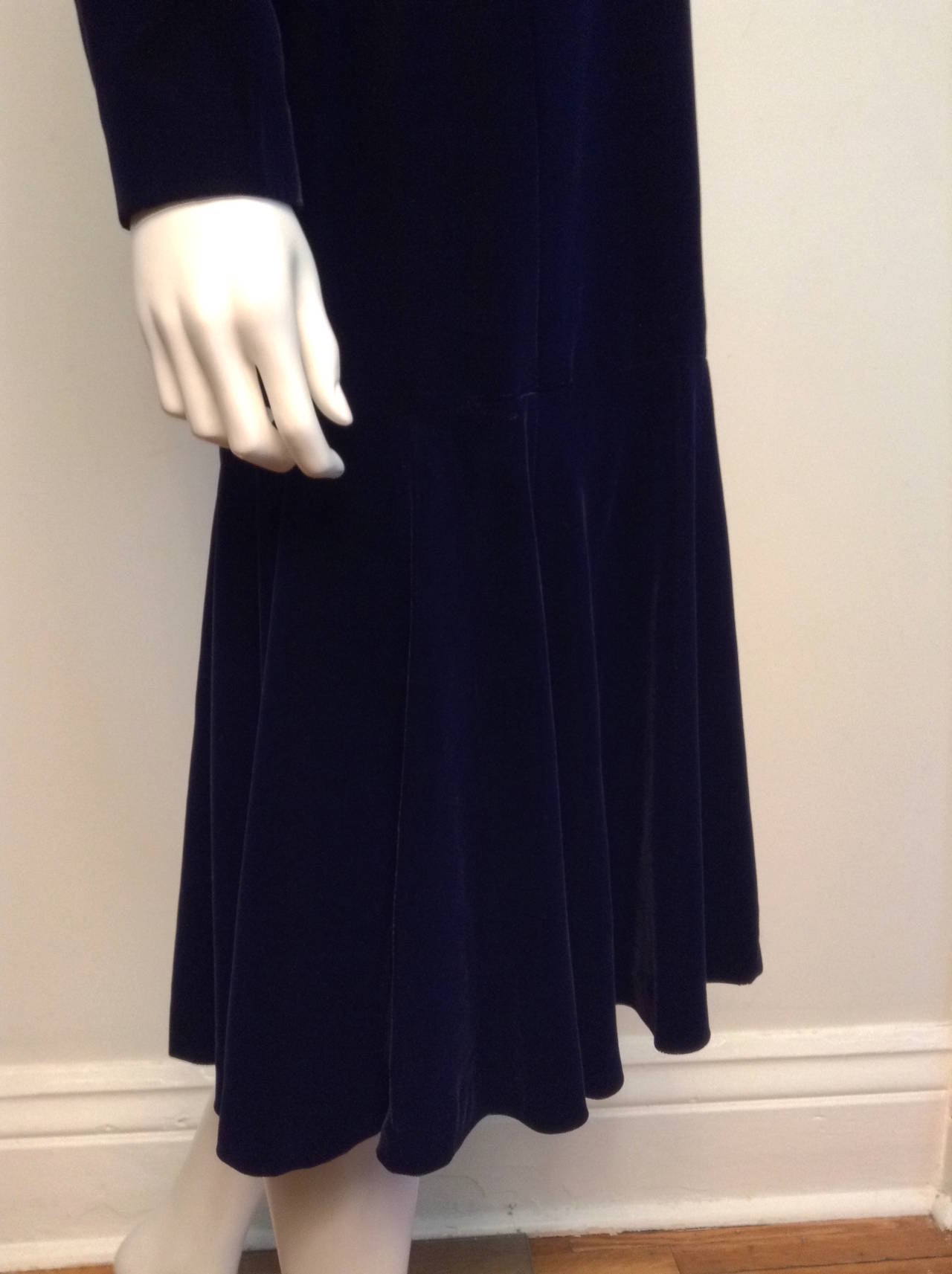 Saint Laurent Vintage Deep Blue Velvet Drop Waist Dress Size 38/6 For Sale 1