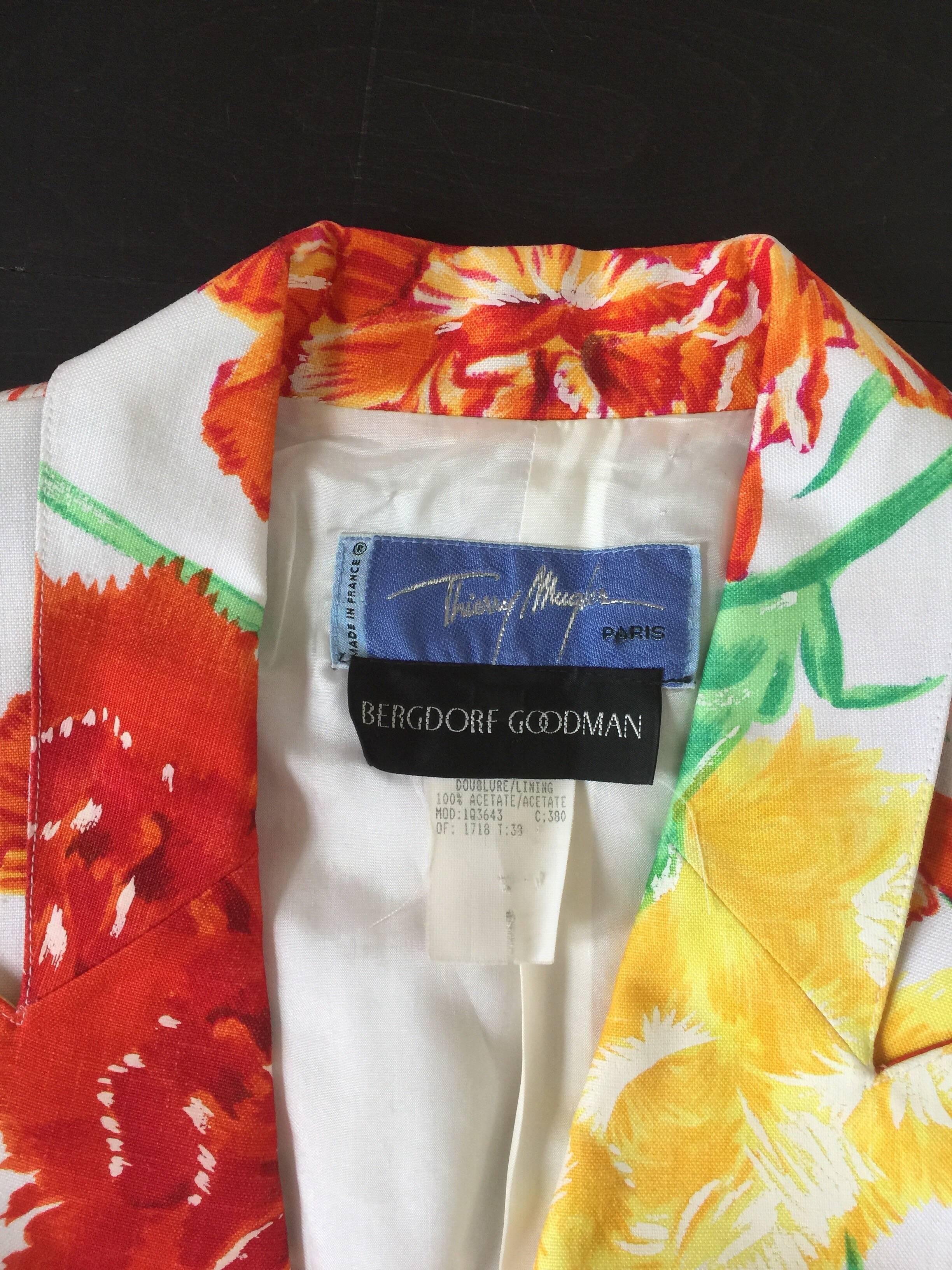 Thierry Mugler 80s White Floral Linen Blazer For Sale 1