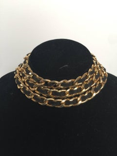 Chanel black leather and gold chain belt or choker