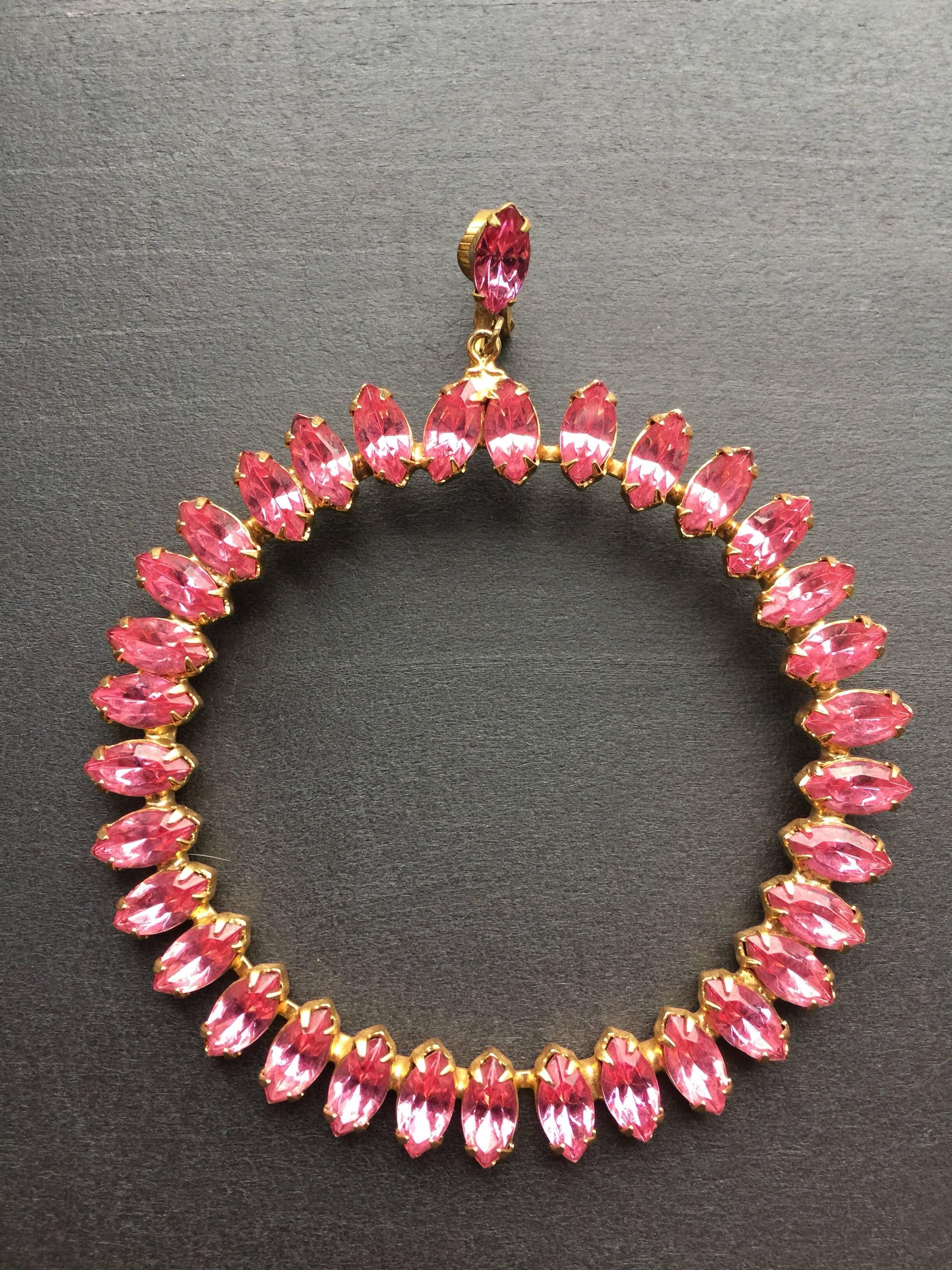 Large pink crystal hoop earrings In Good Condition For Sale In New York, NY
