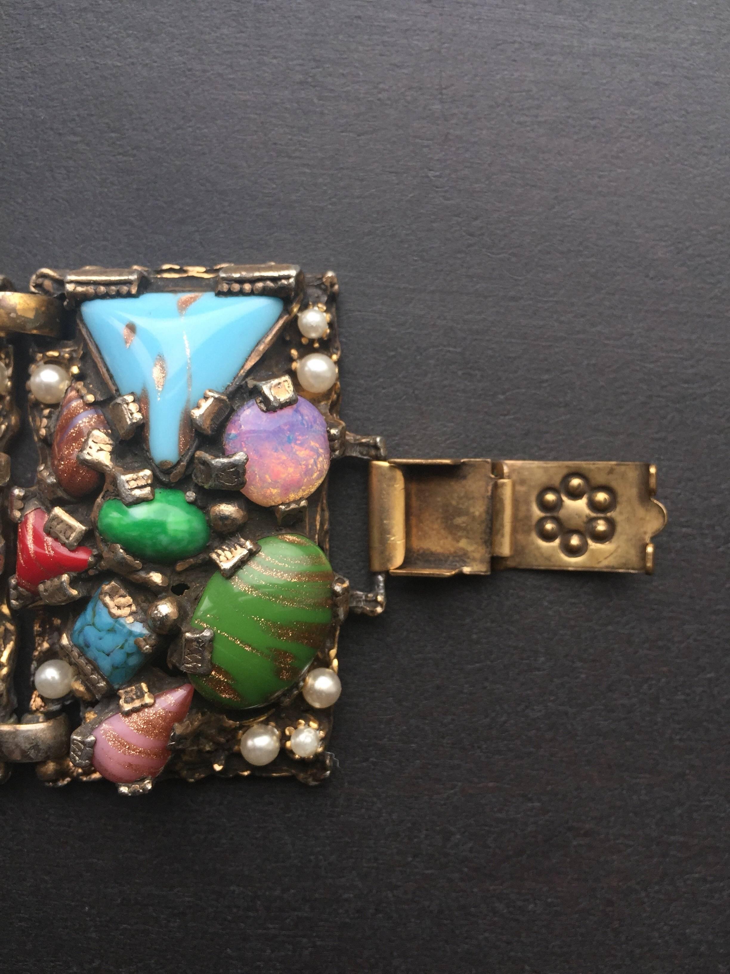 Gold tone and multicolor gemstone bracelet  In Fair Condition For Sale In New York, NY