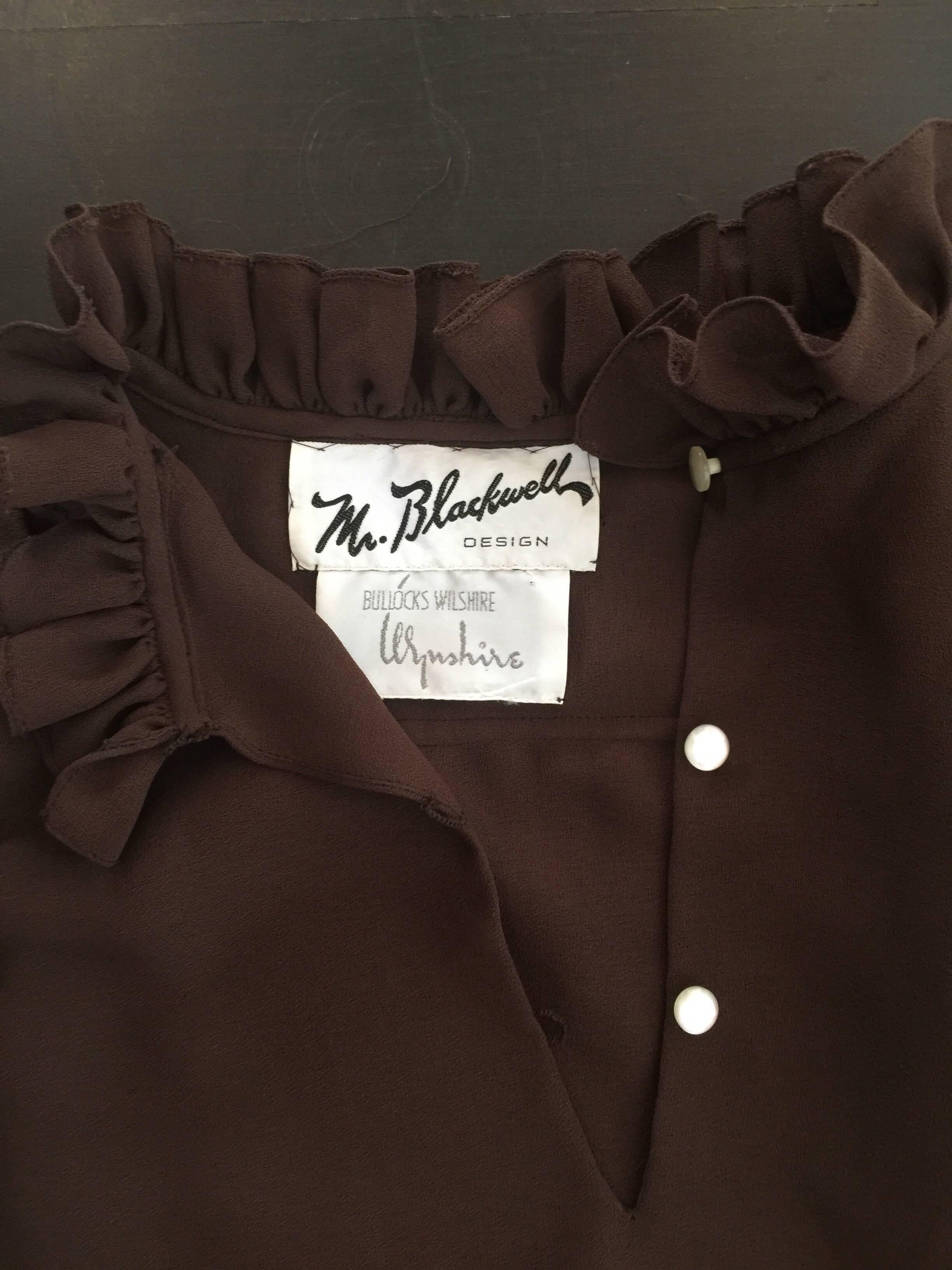 Mr. Blackwell brown ruffle sleeve dress  For Sale 2