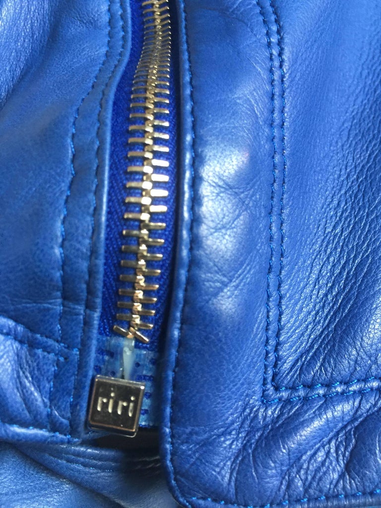Gianni Versace safety pin royal blue leather jacket For Sale at 1stDibs