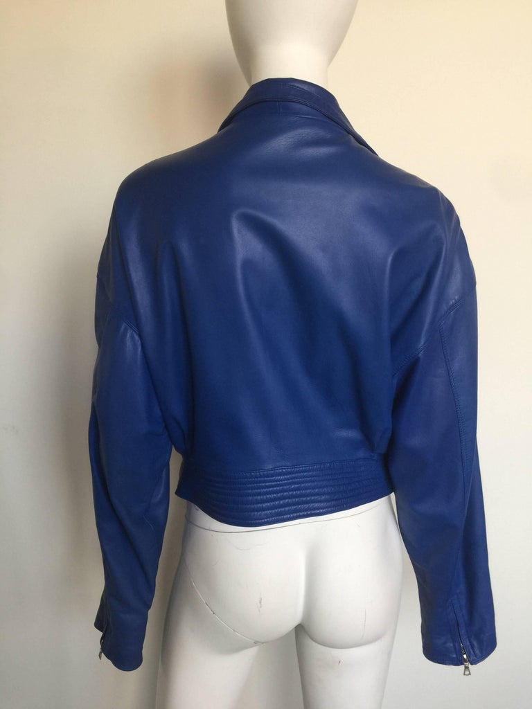 Gianni Versace safety pin royal blue leather jacket For Sale at 1stDibs