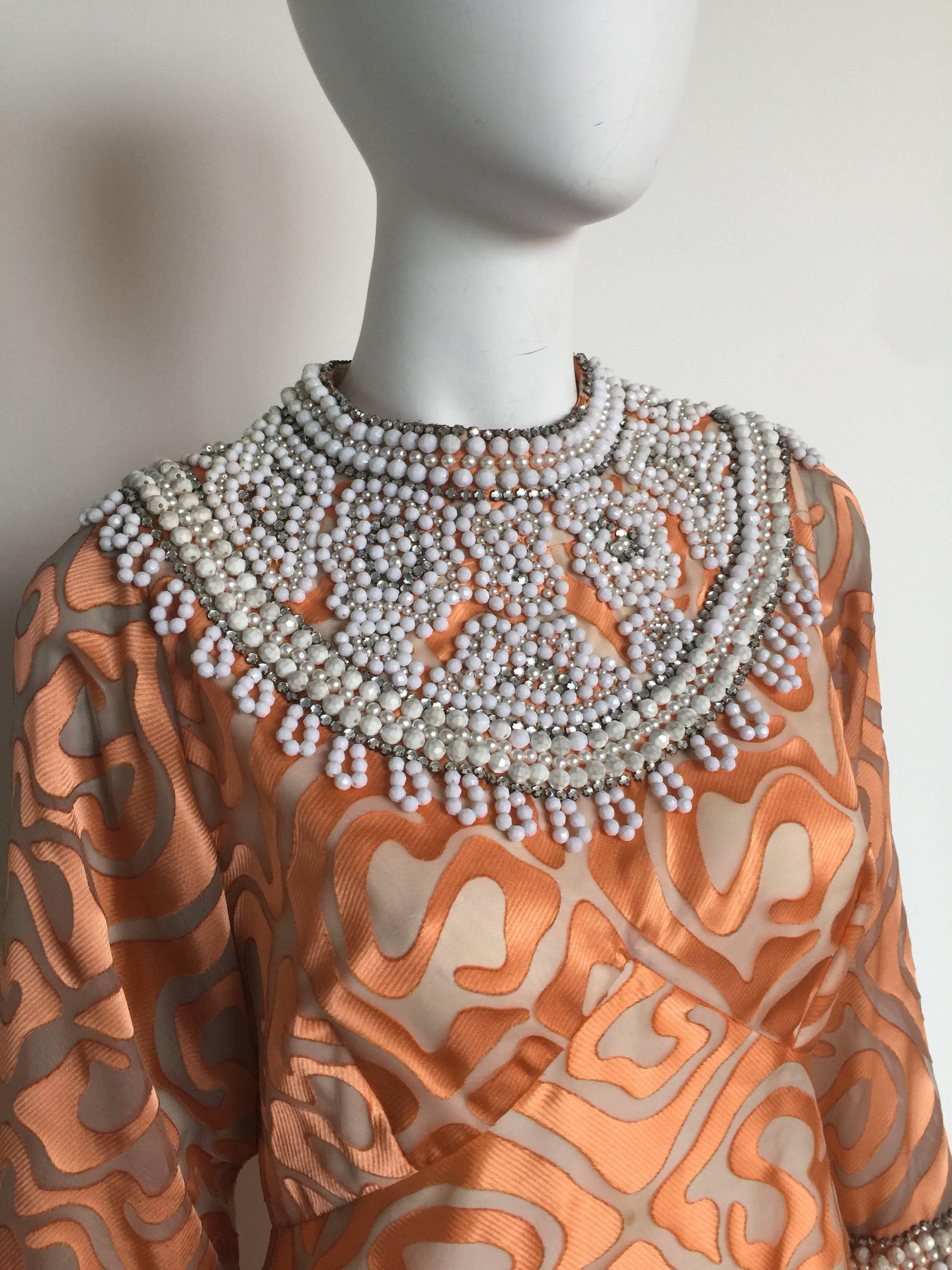 Brown 1970s Coral beaded silk gown  For Sale