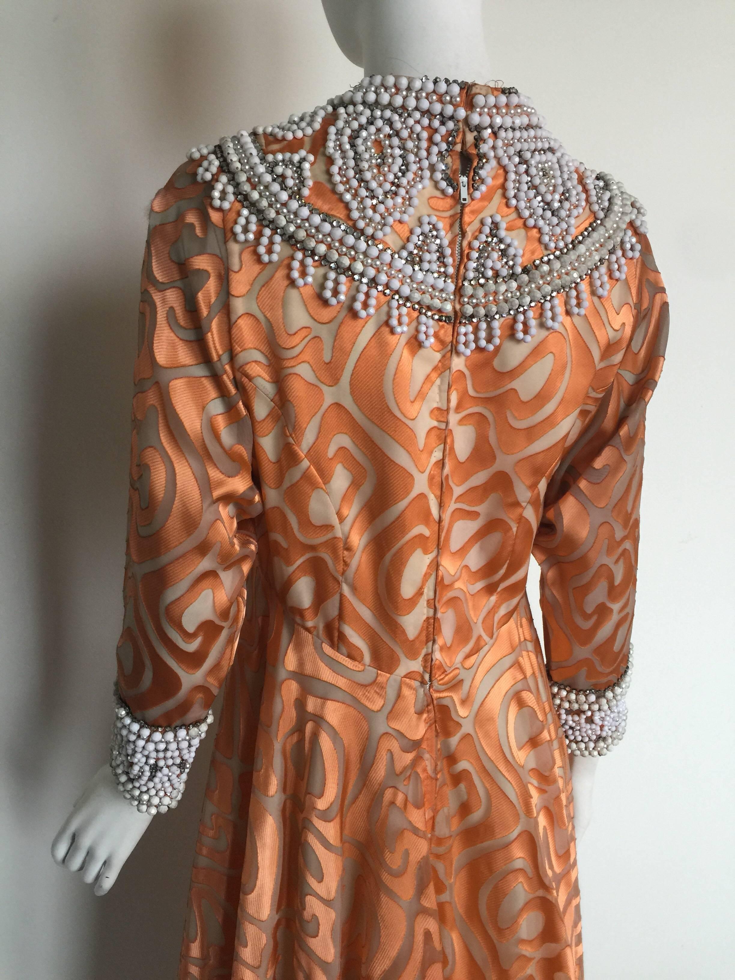 1970s Coral beaded silk gown  For Sale 4