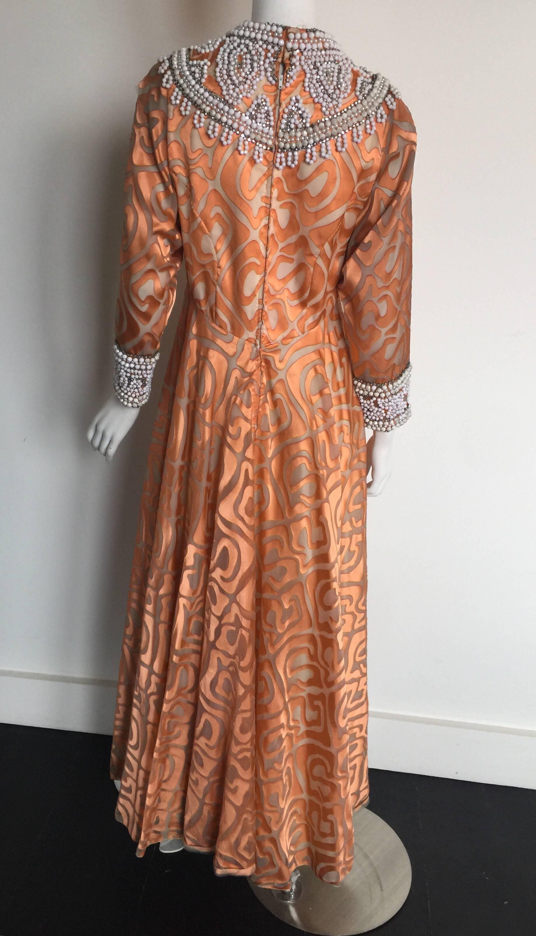 1970s Coral beaded silk gown  For Sale 5