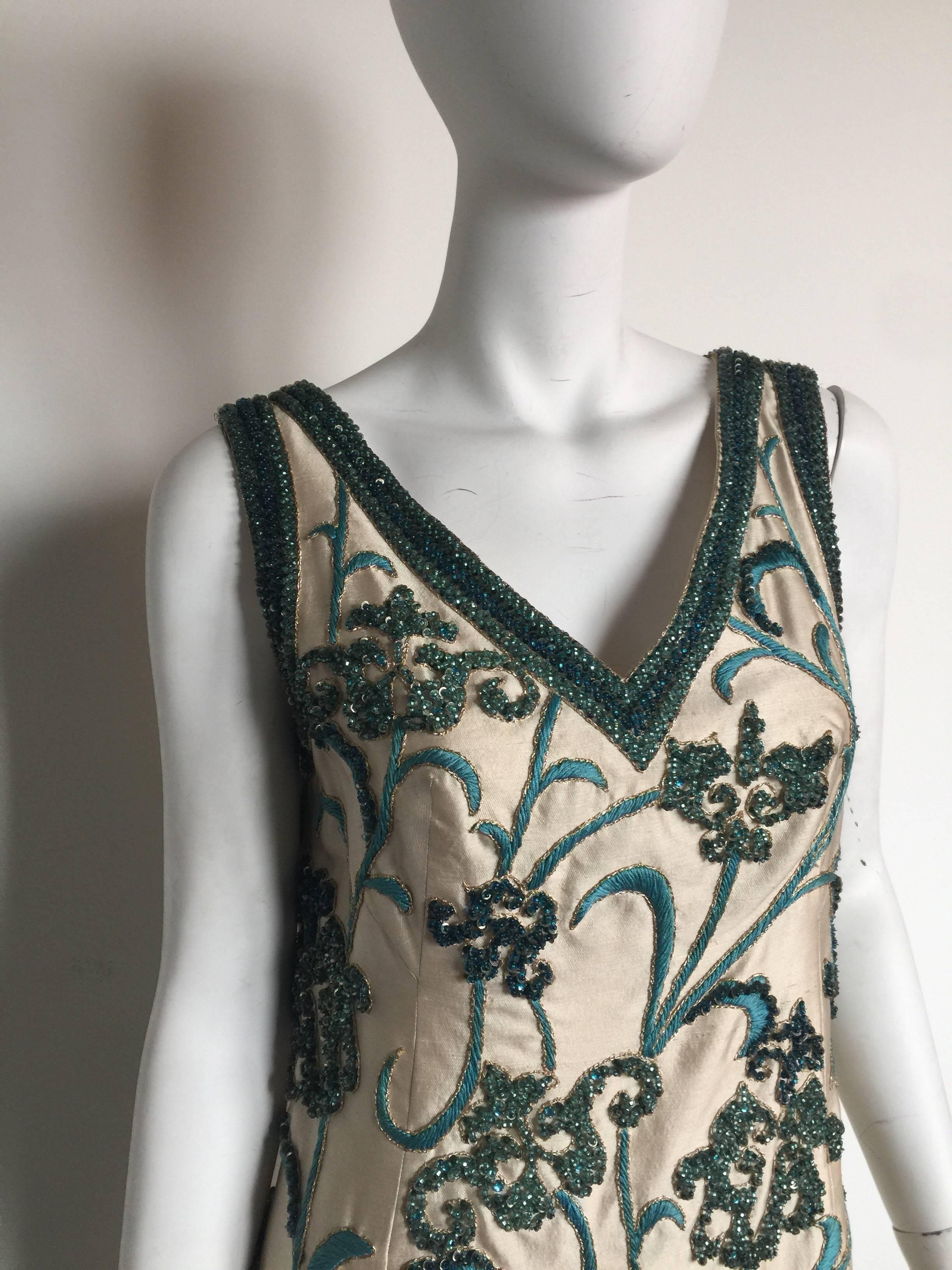 Green 1960s Blue and turquoise heavily beaded gown  For Sale