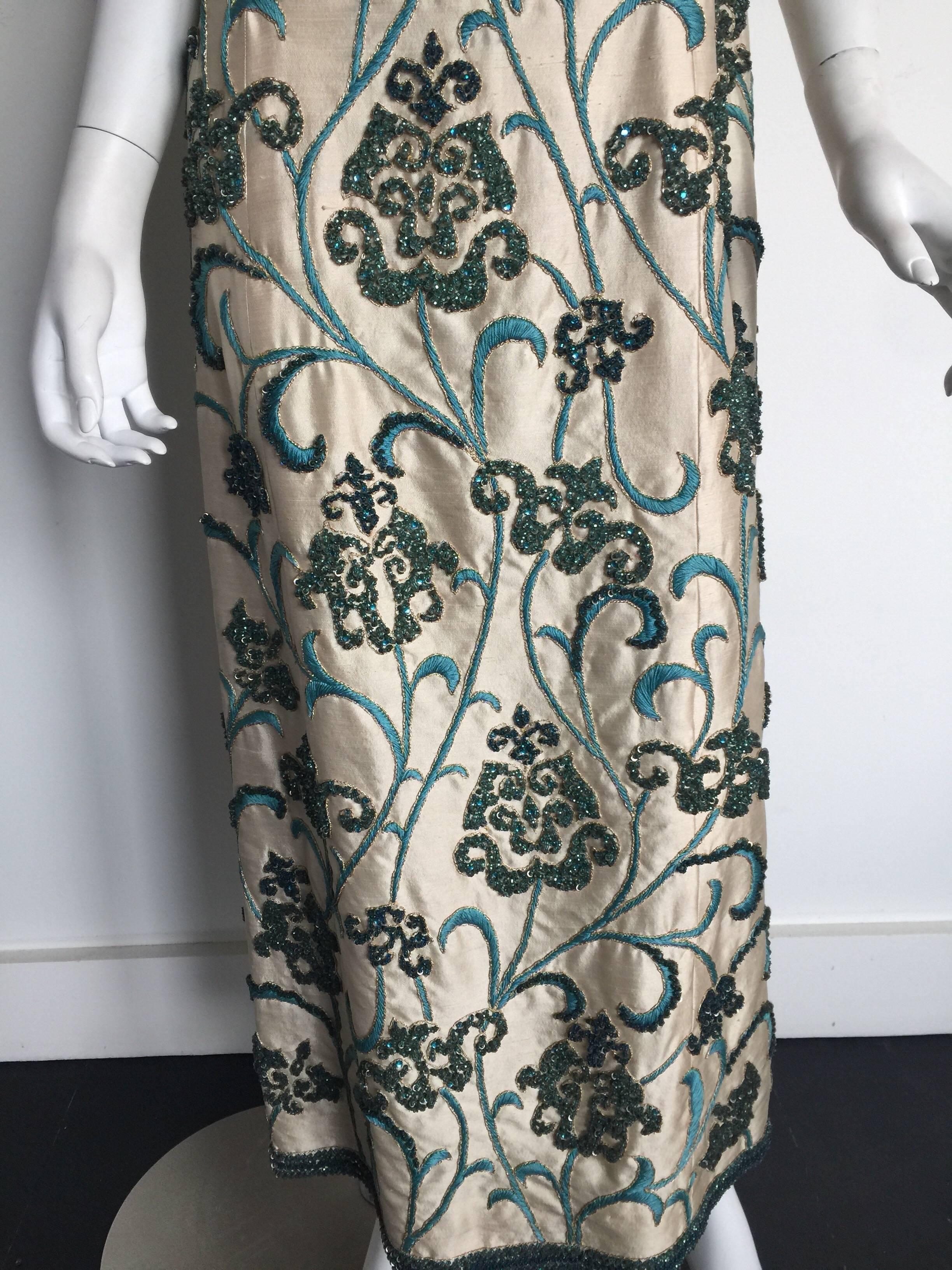 1960s Blue and turquoise heavily beaded gown  In Good Condition For Sale In New York, NY