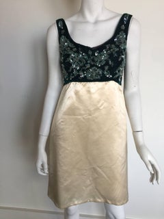 Joseph Magnin Ivory and green Velvet beaded 60s dress