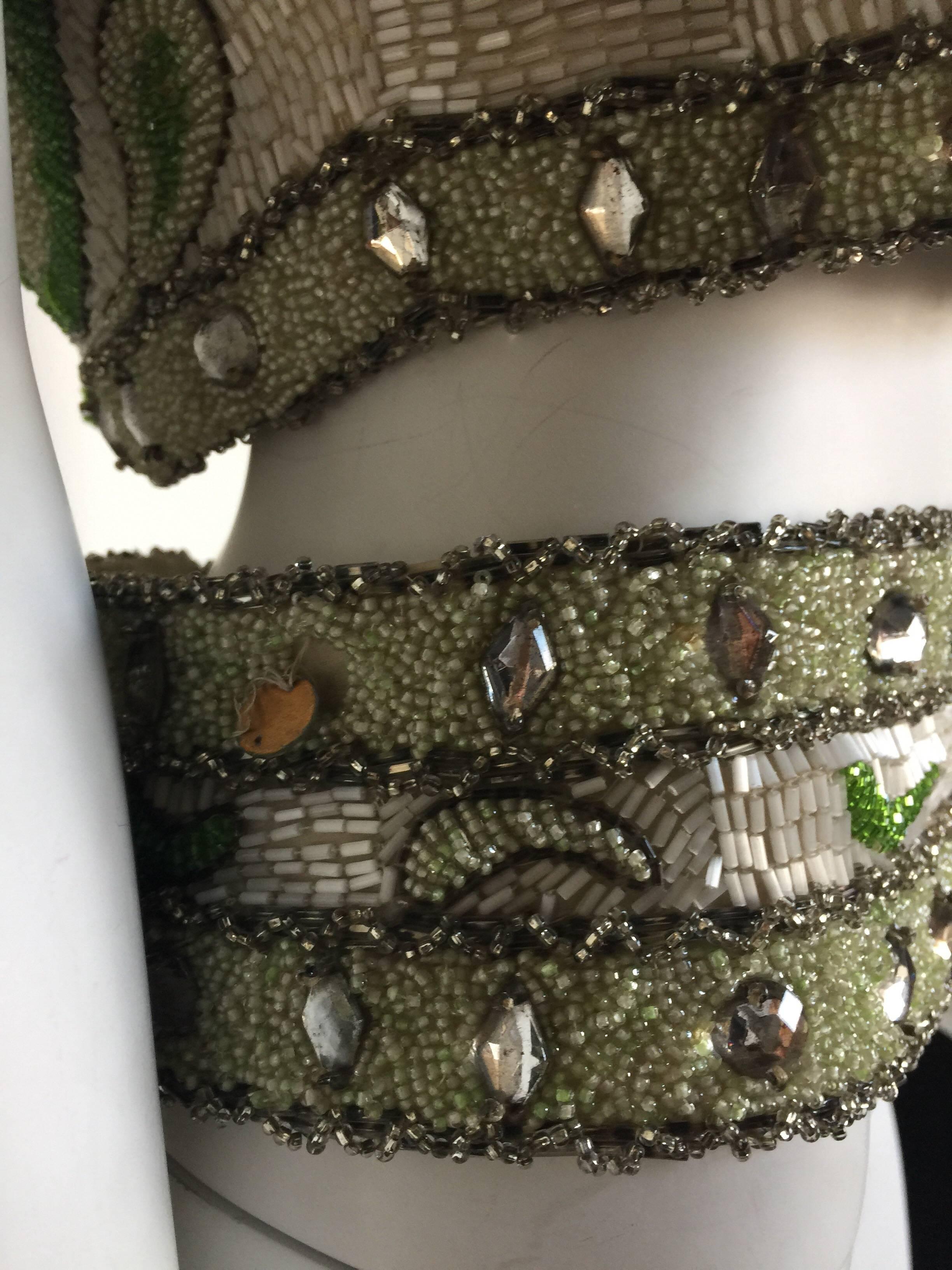 Champagne and green beaded crop top and belt  In Good Condition For Sale In New York, NY