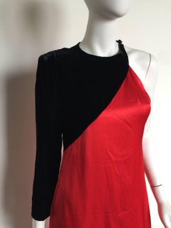 Bill Blass black velvet and red silk one shoulder dress