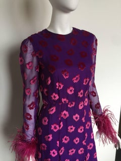 Pink velvet and purple chiffon feather maxi dress