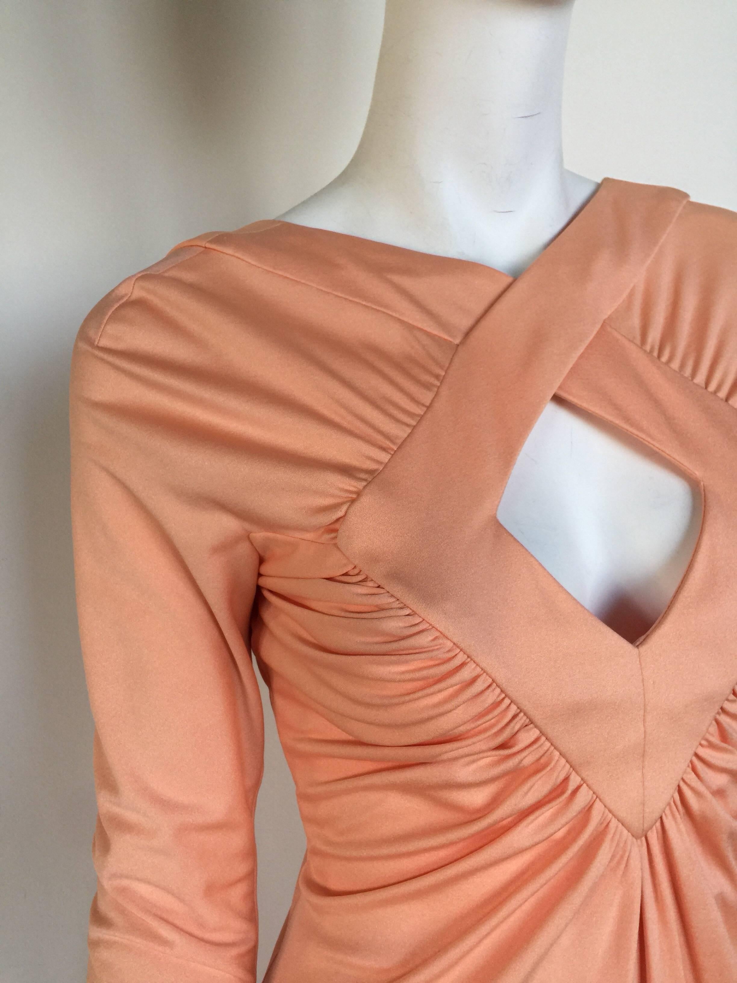 Brown Peach silk jersey draped keyhole maxi dress For Sale