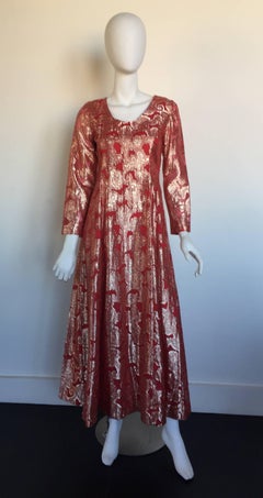 Gold and burnt red metallic long sleeve maxi dress