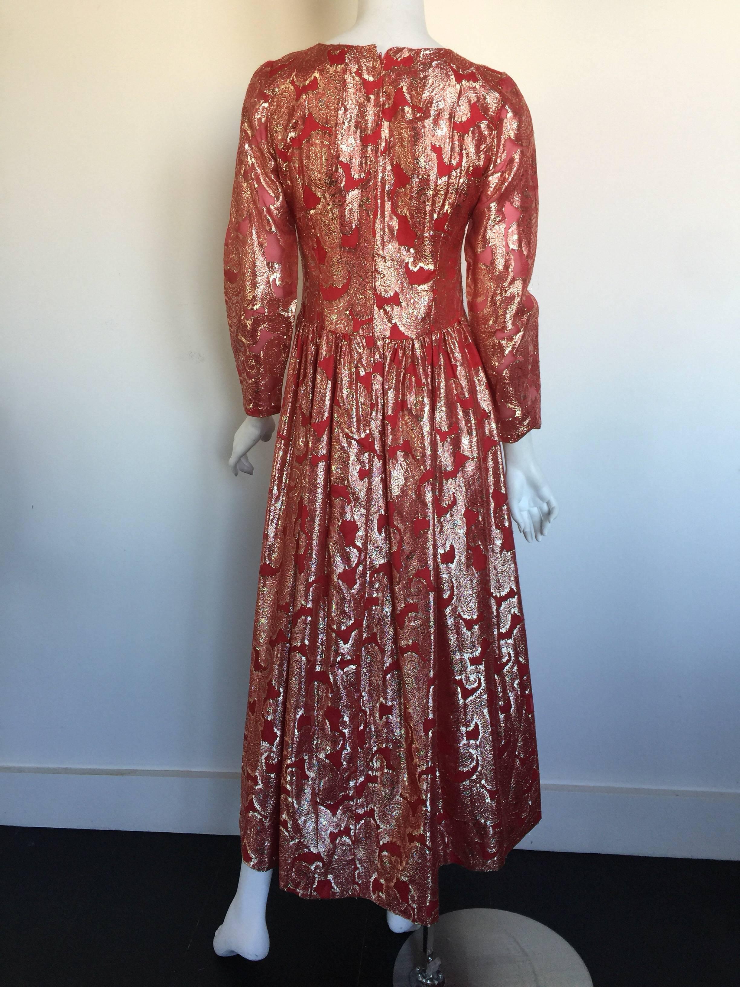 Gold and burnt red metallic long sleeve maxi dress  For Sale 1