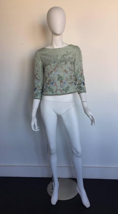 Oscar de la renta embroidered robin egg silk blouse