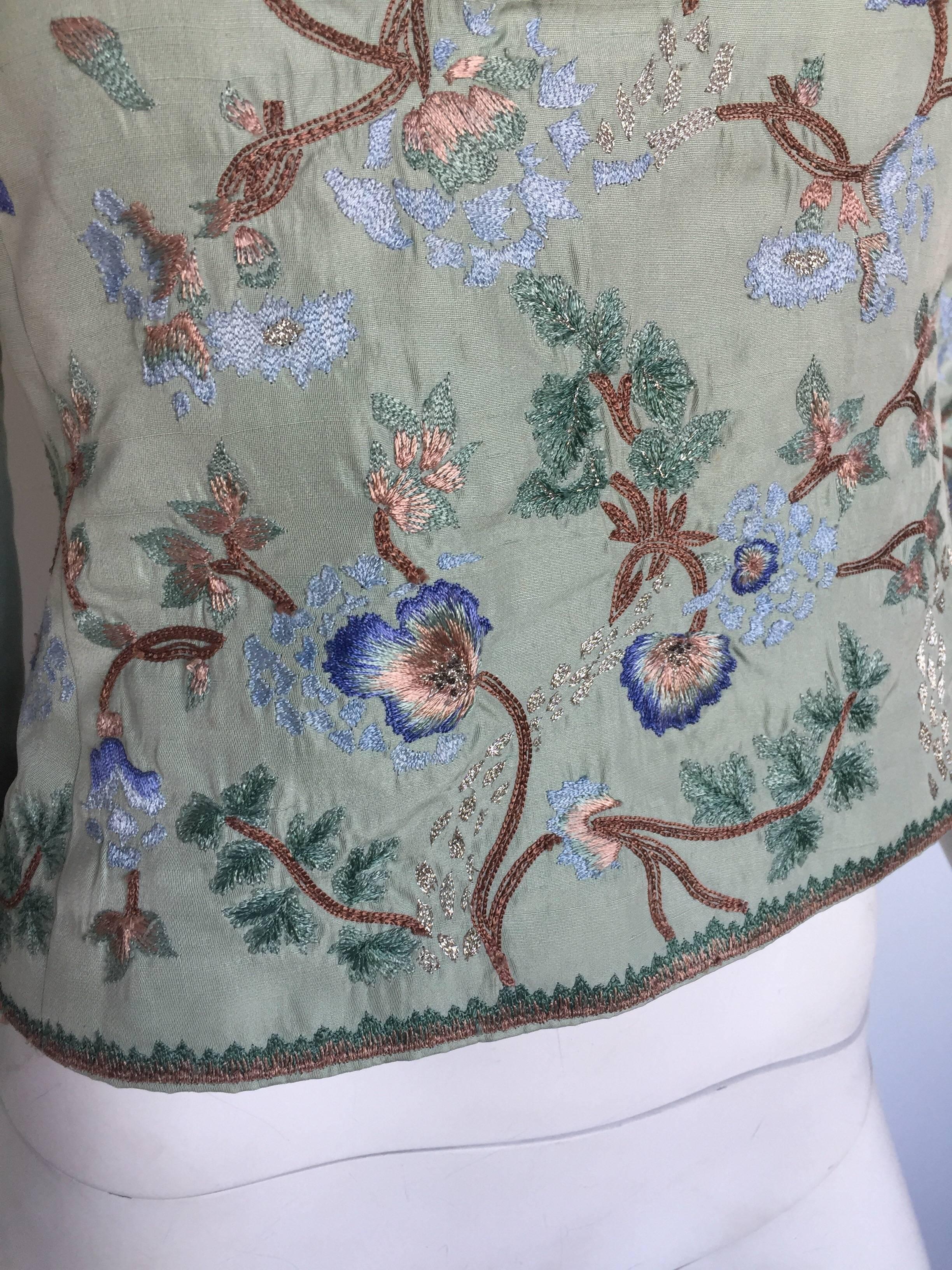 Gray Oscar de la renta embroidered robin egg silk blouse  For Sale