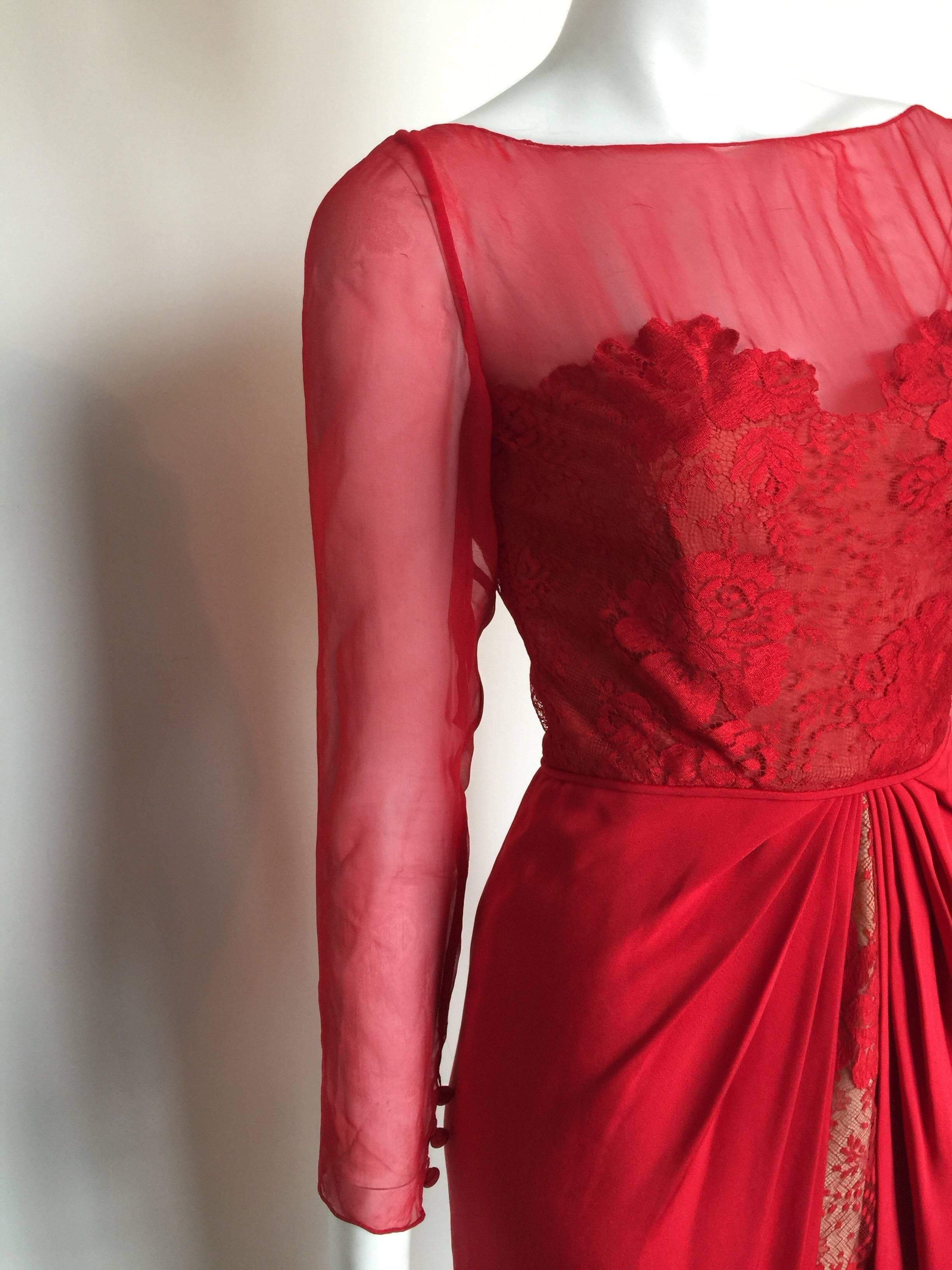 Red Bill Blass red silk and lace dress For Sale