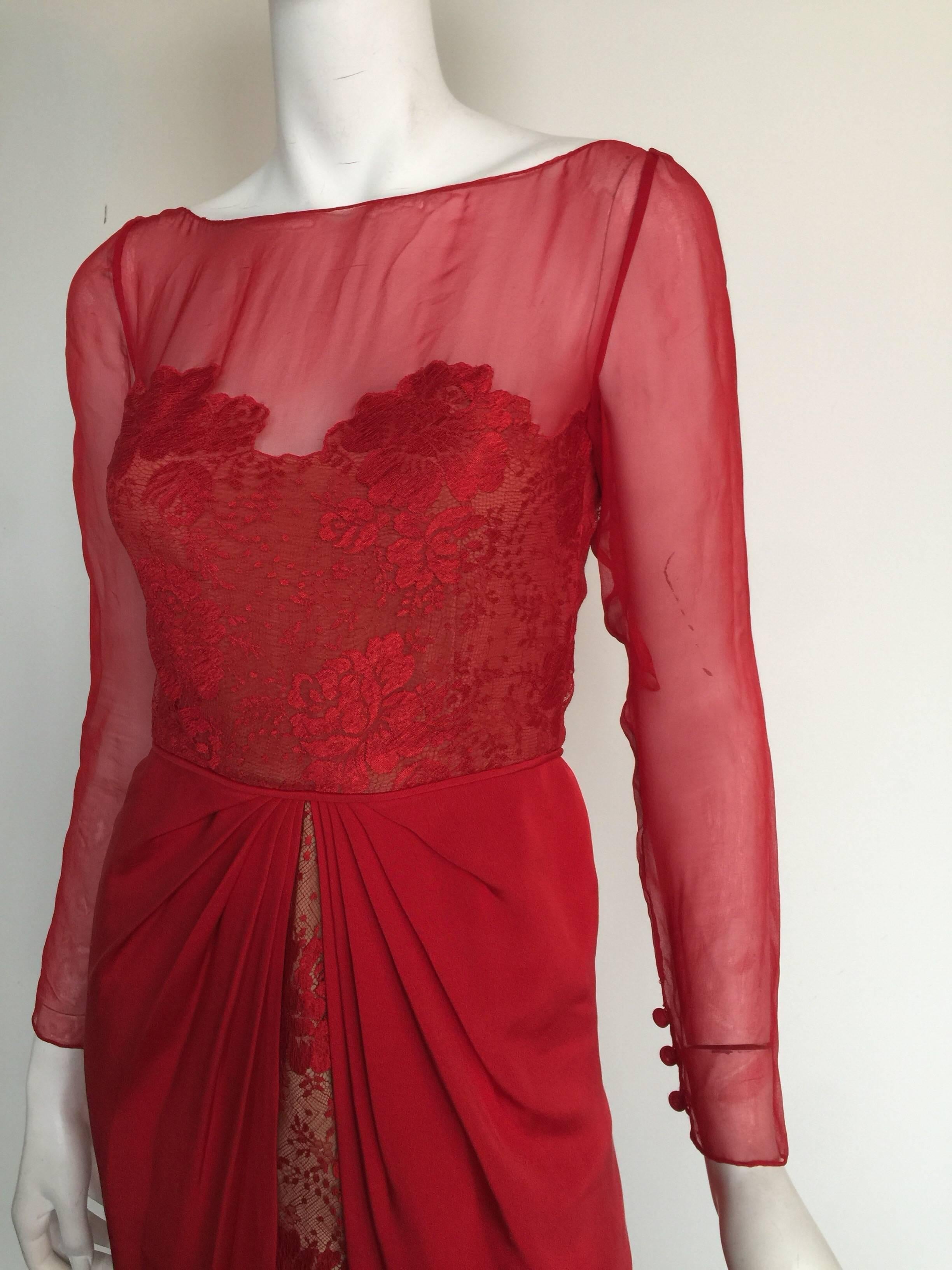 Bill Blass red silk and lace dress In Excellent Condition For Sale In New York, NY