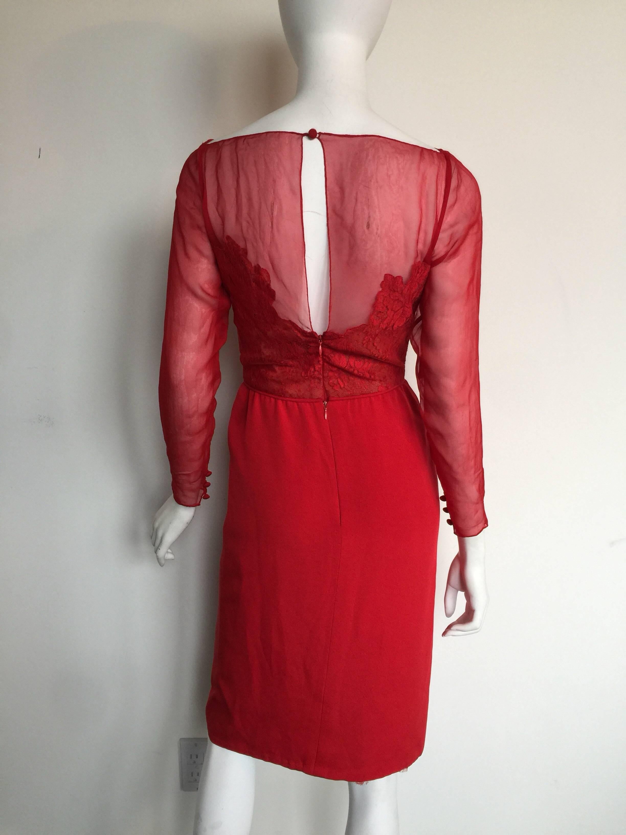 Bill Blass red silk and lace dress For Sale 1