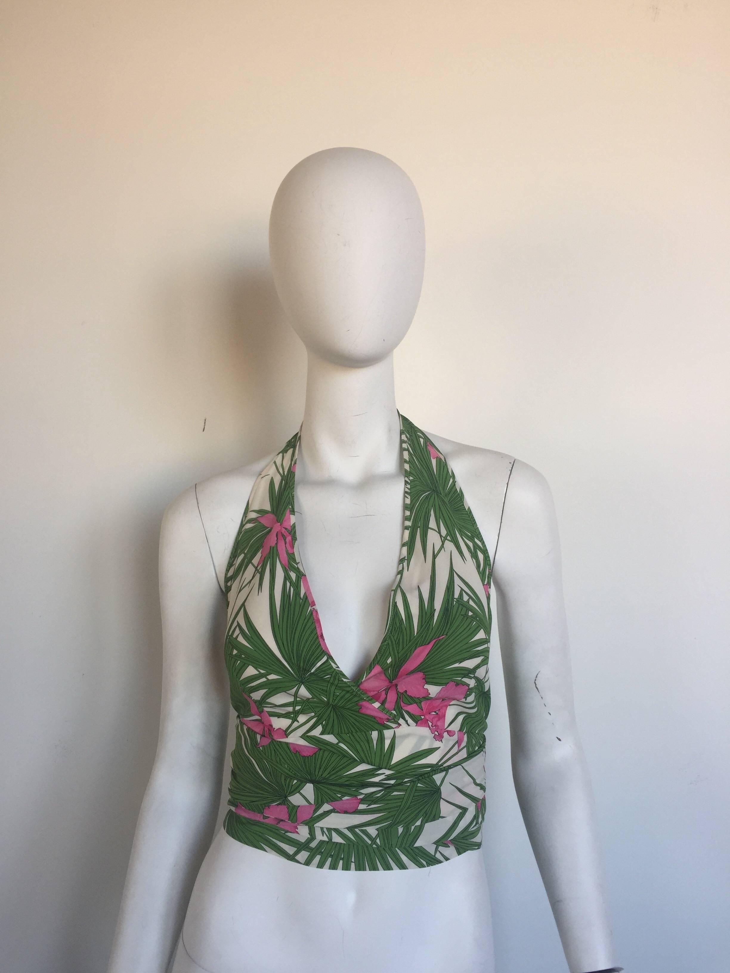 Celine palm print wrap fringe halter top In Excellent Condition For Sale In New York, NY