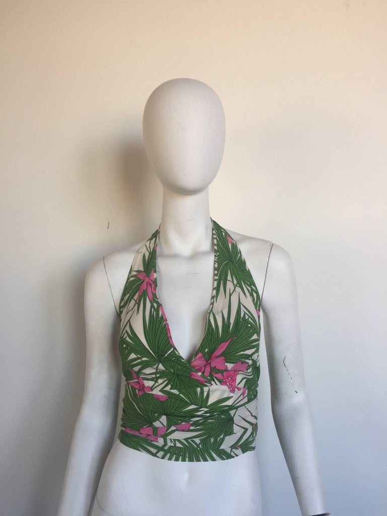 Celine palm print wrap fringe halter top For Sale at 1stDibs