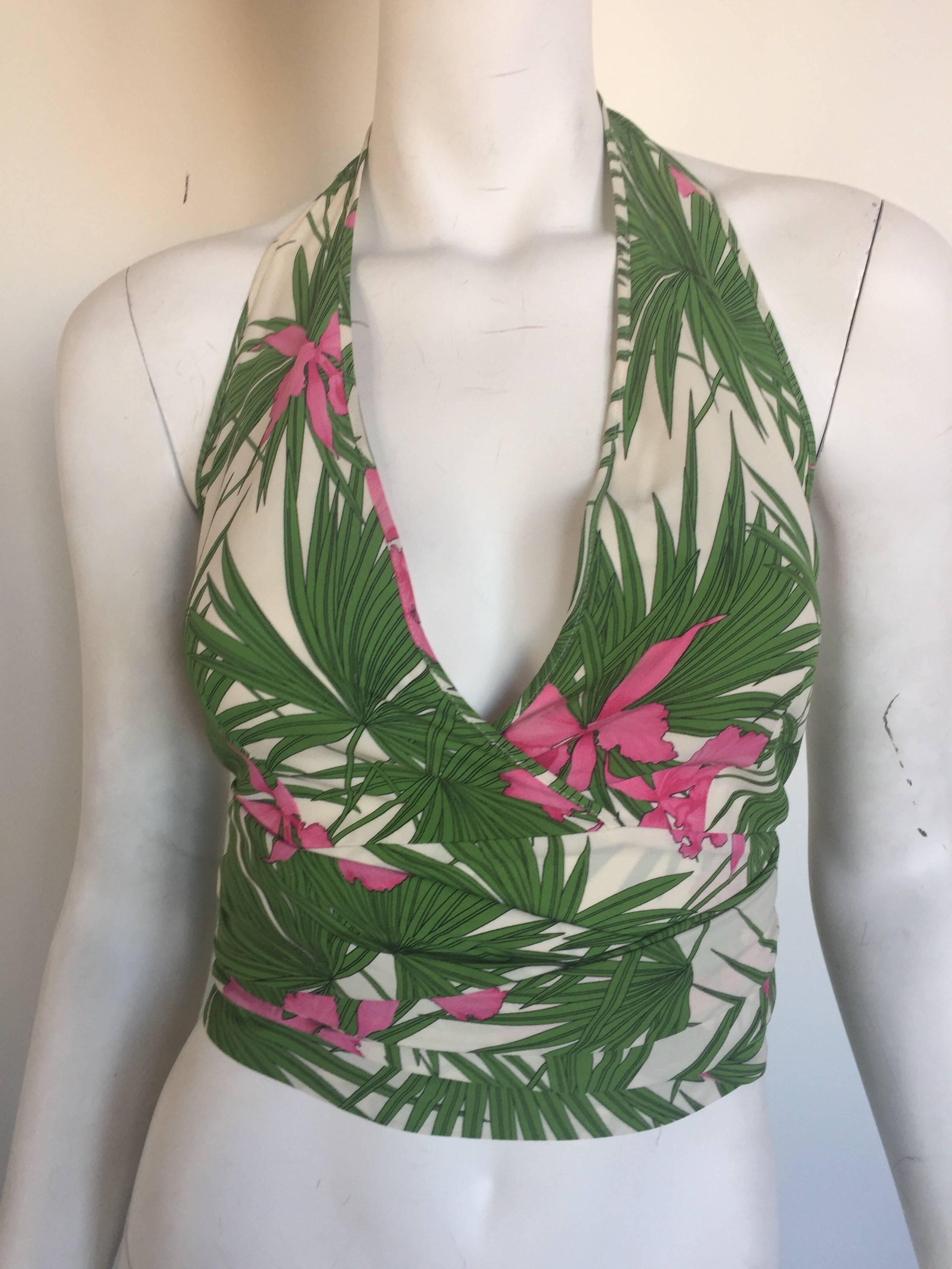 Women's or Men's Celine palm print wrap fringe halter top For Sale