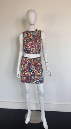 Todd Oldham iconic rubik's cube geometric print skirt and crop top ensemble
