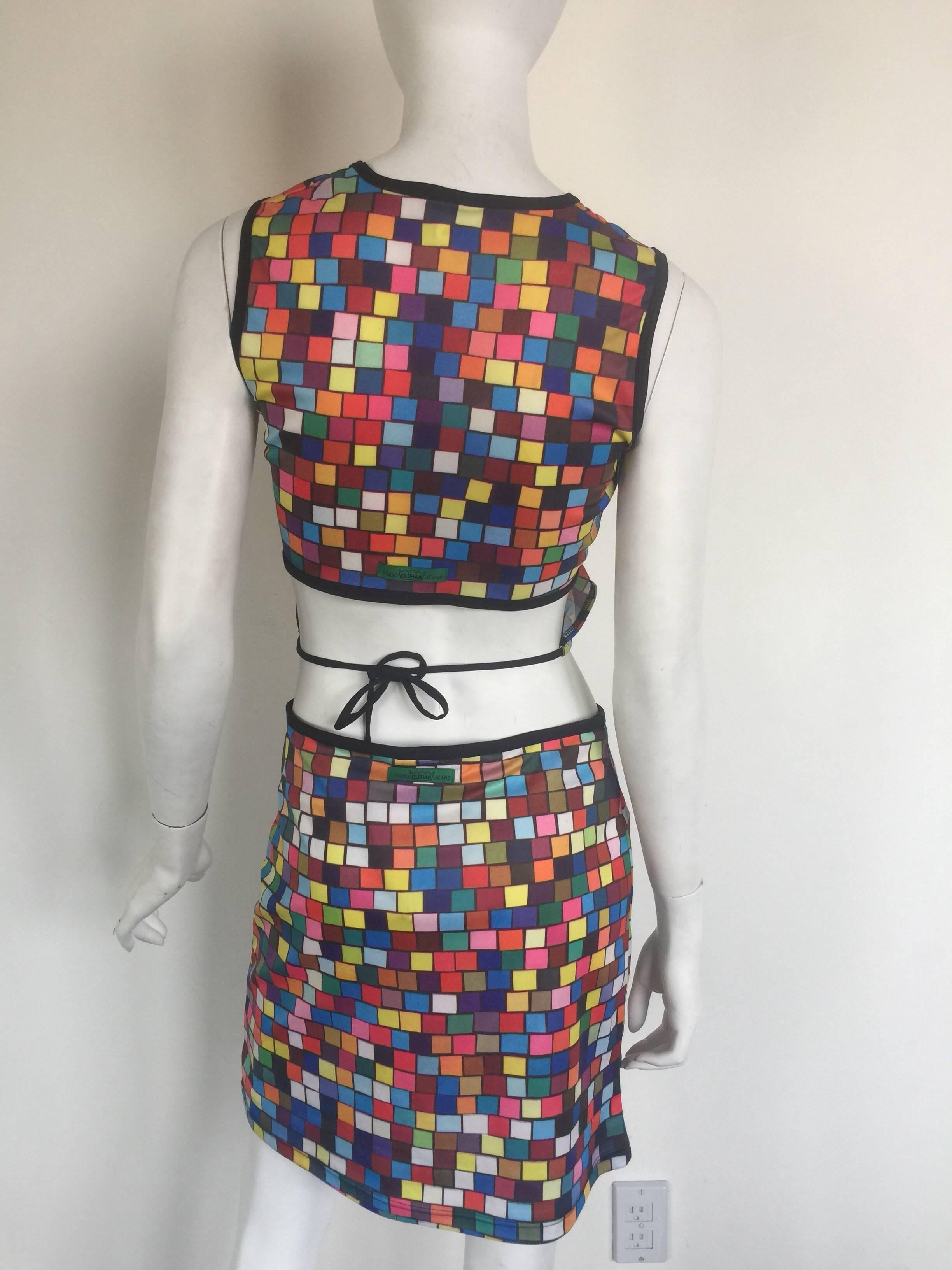 Gray Todd Oldham iconic rubik's cube geometric print skirt and crop top ensemble For Sale