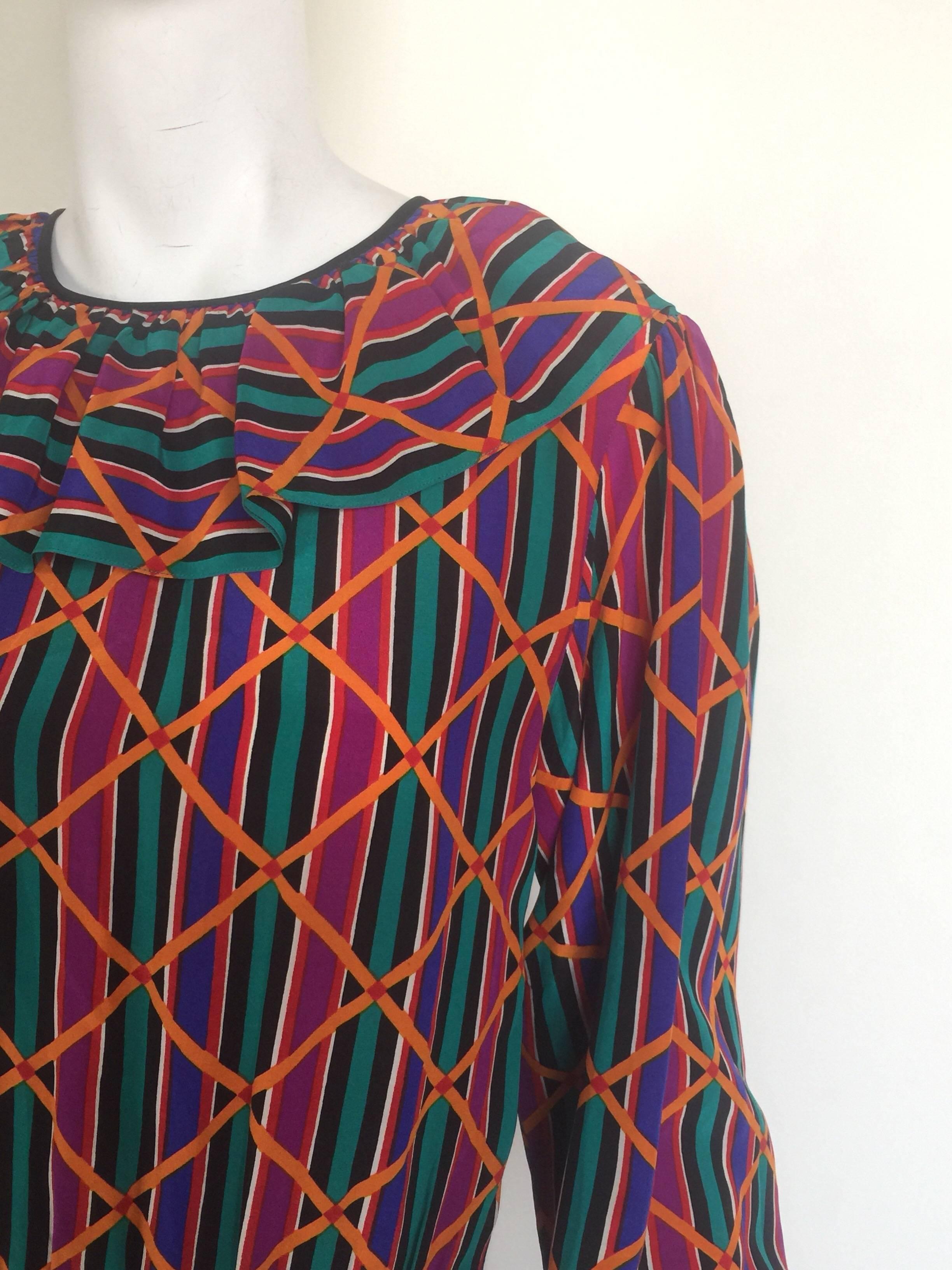 Yves Saint Laurent colorful ruffle collar and sleeve silk dress  In Good Condition For Sale In New York, NY