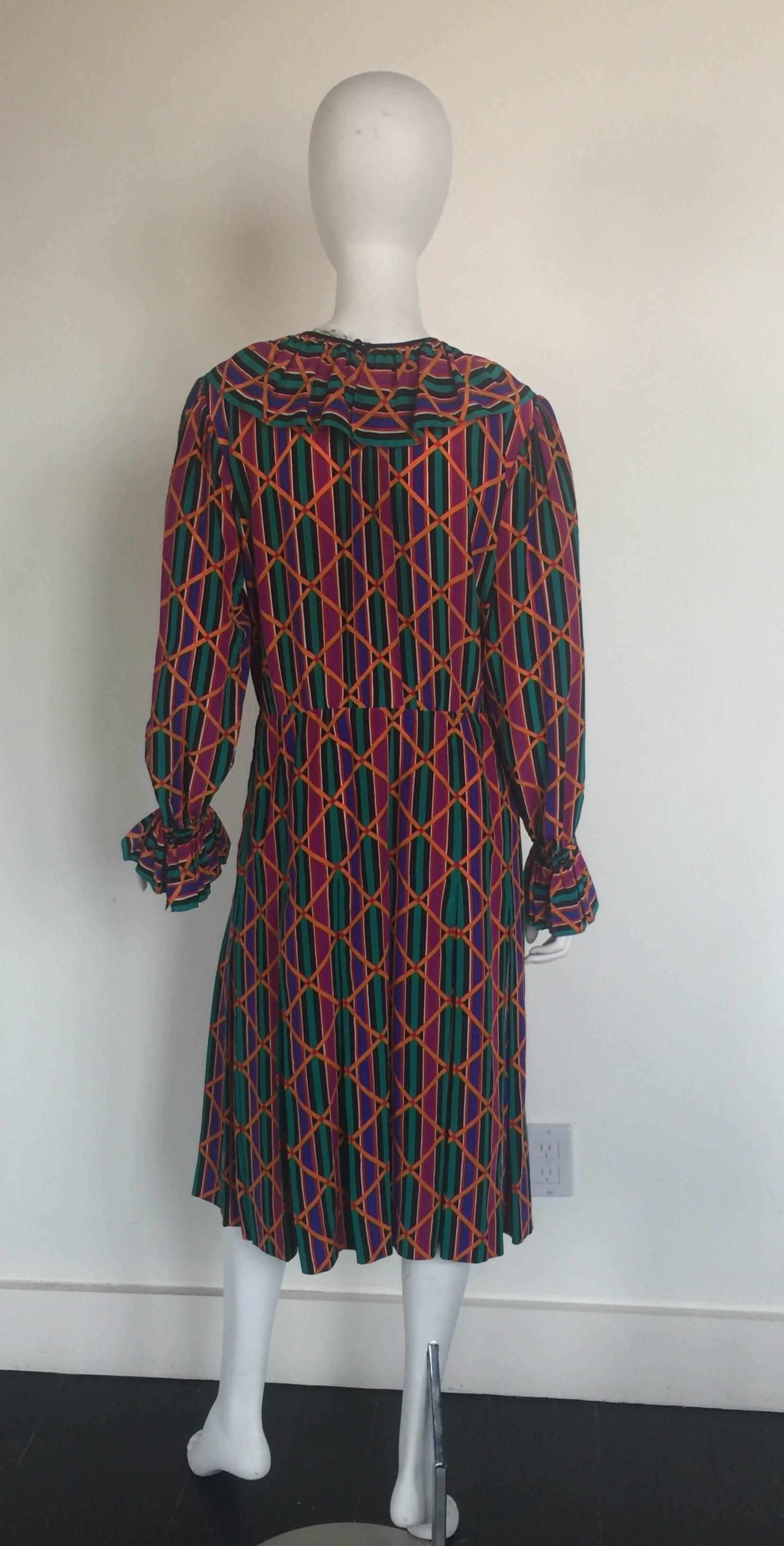 Yves Saint Laurent colorful ruffle collar and sleeve silk dress  For Sale 3